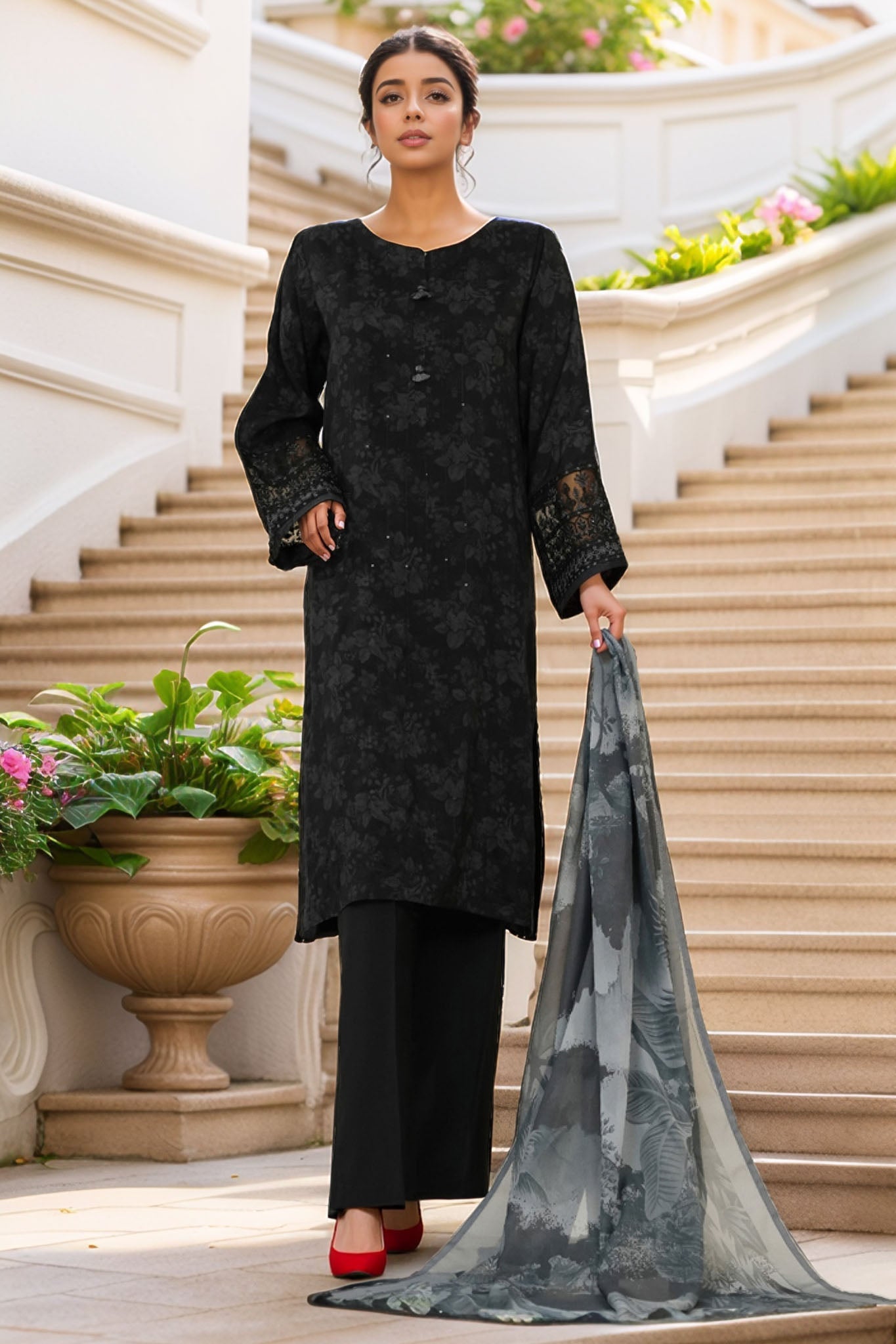 Majestic By HZ Stitched 3 Piece Emb Silk Suit-RRE-113-Black