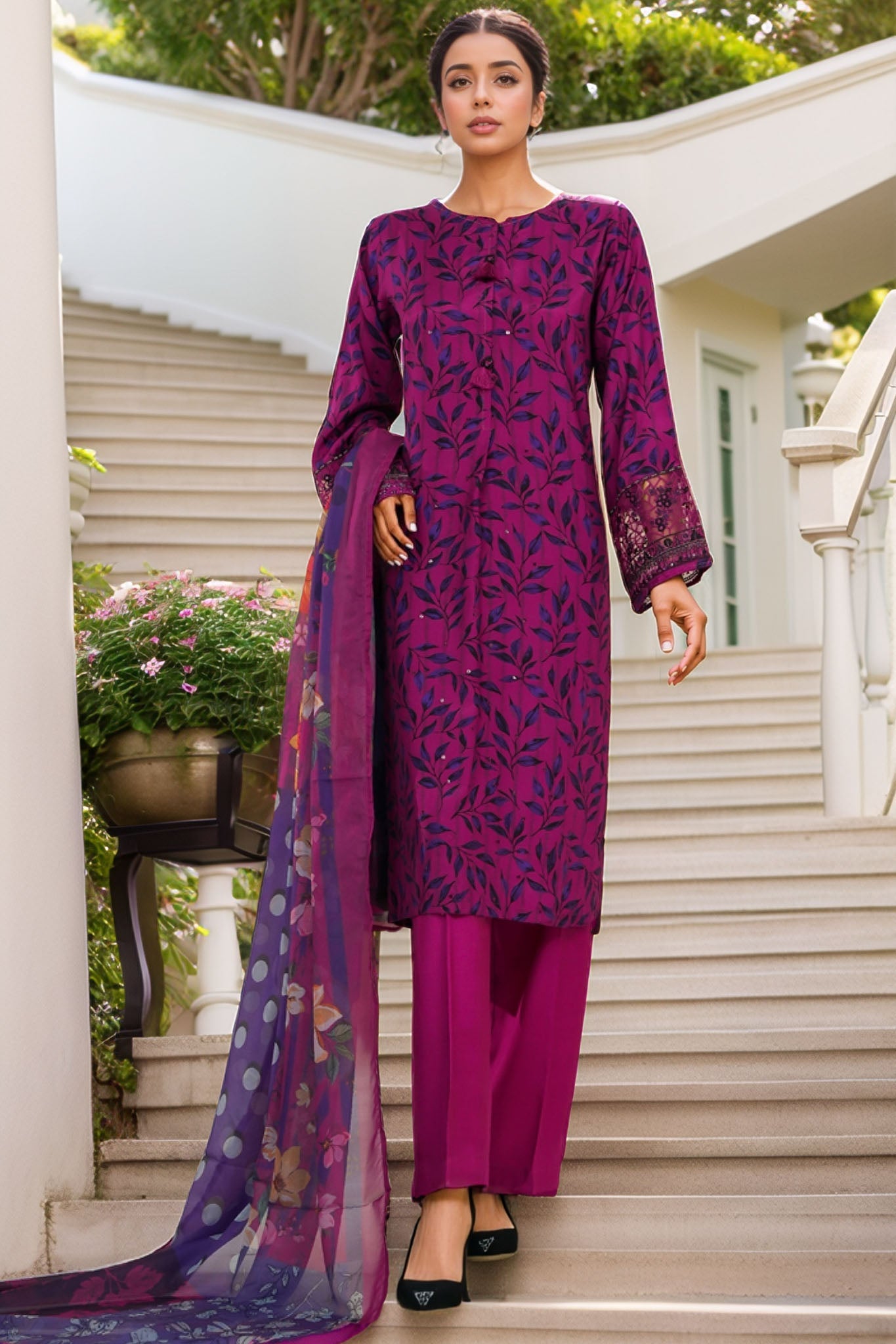 Majestic By HZ Stitched 3 Piece Emb Silk Suit-RRE-115-Magenta