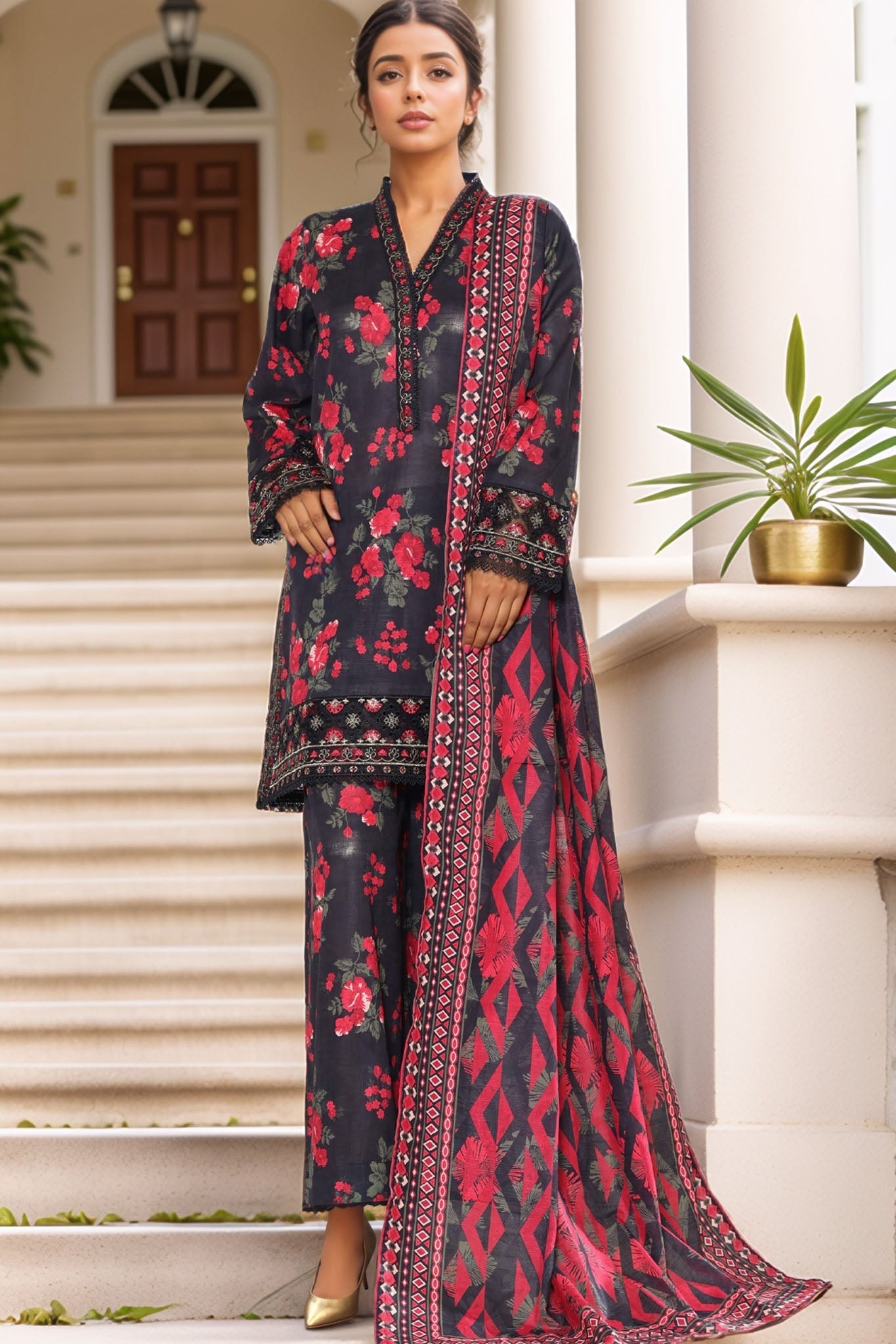 Malika By Sada Bahar Stitched 3 Piece Cutwork Khaddar Vol-01 Collection'2025-5739-Black