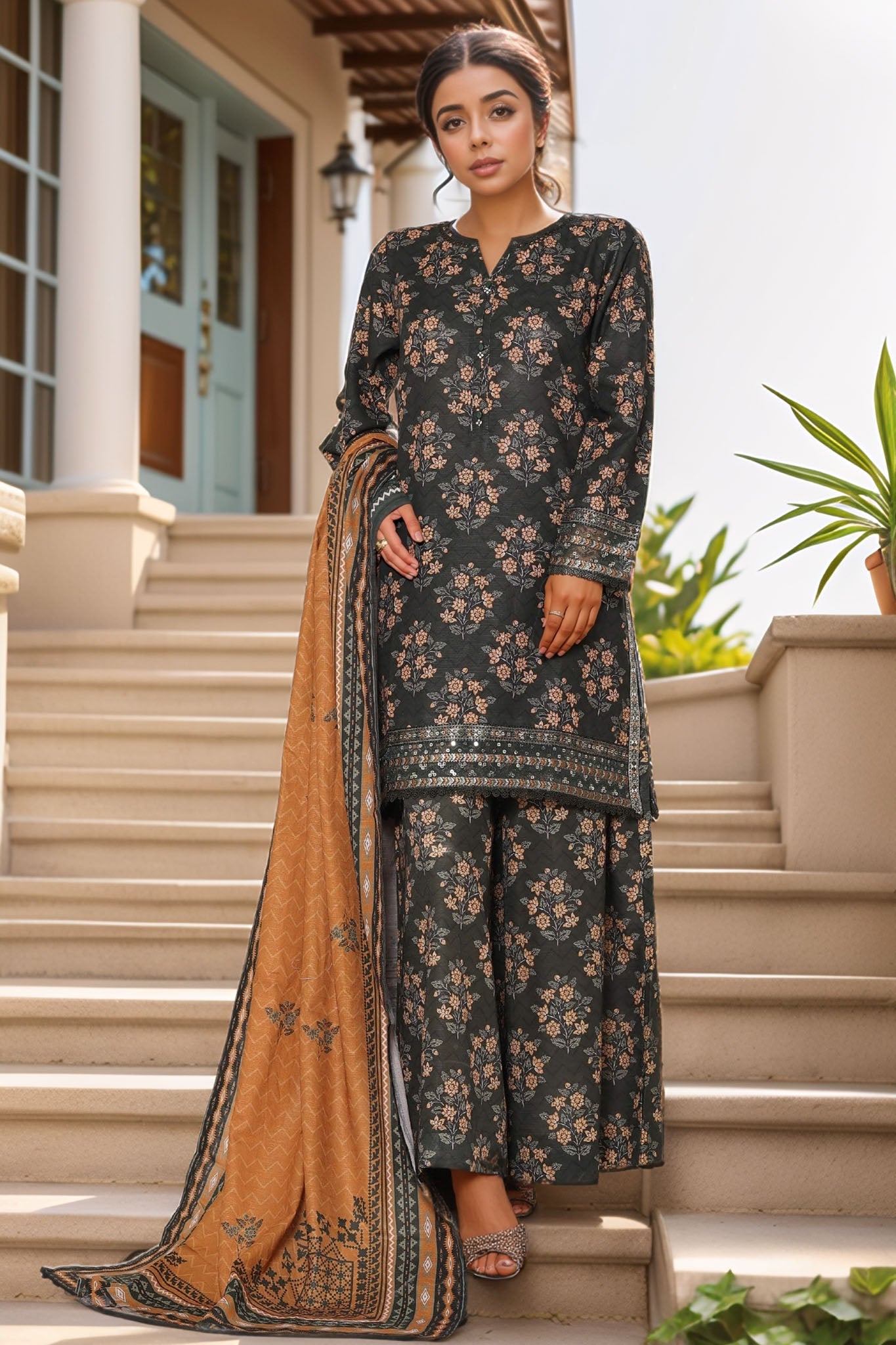 Malika By Sada Bahar Stitched 3 Piece Cutwork Khaddar Vol-01 Collection'2025-5761-Dark Green