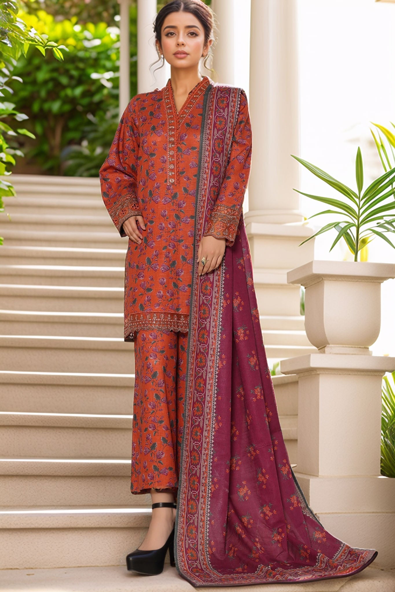 Malika By Sada Bahar Stitched 3 Piece Cutwork Khaddar Vol-01 Collection'2025-5755-Orange