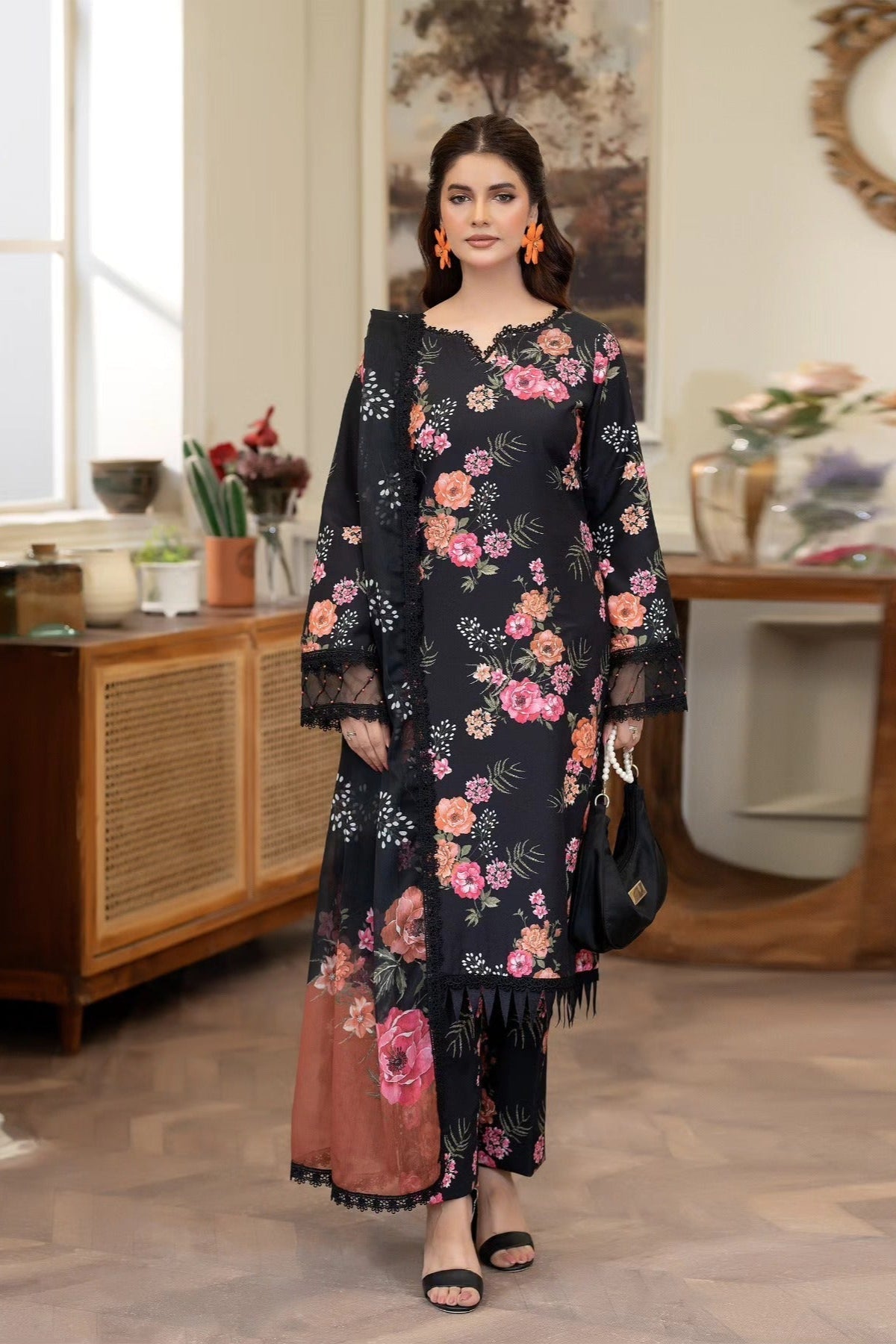 Summer Scent By Nine Needles Stitched 3 Piece Summer Suit-Midnight Jasmine-NP-02