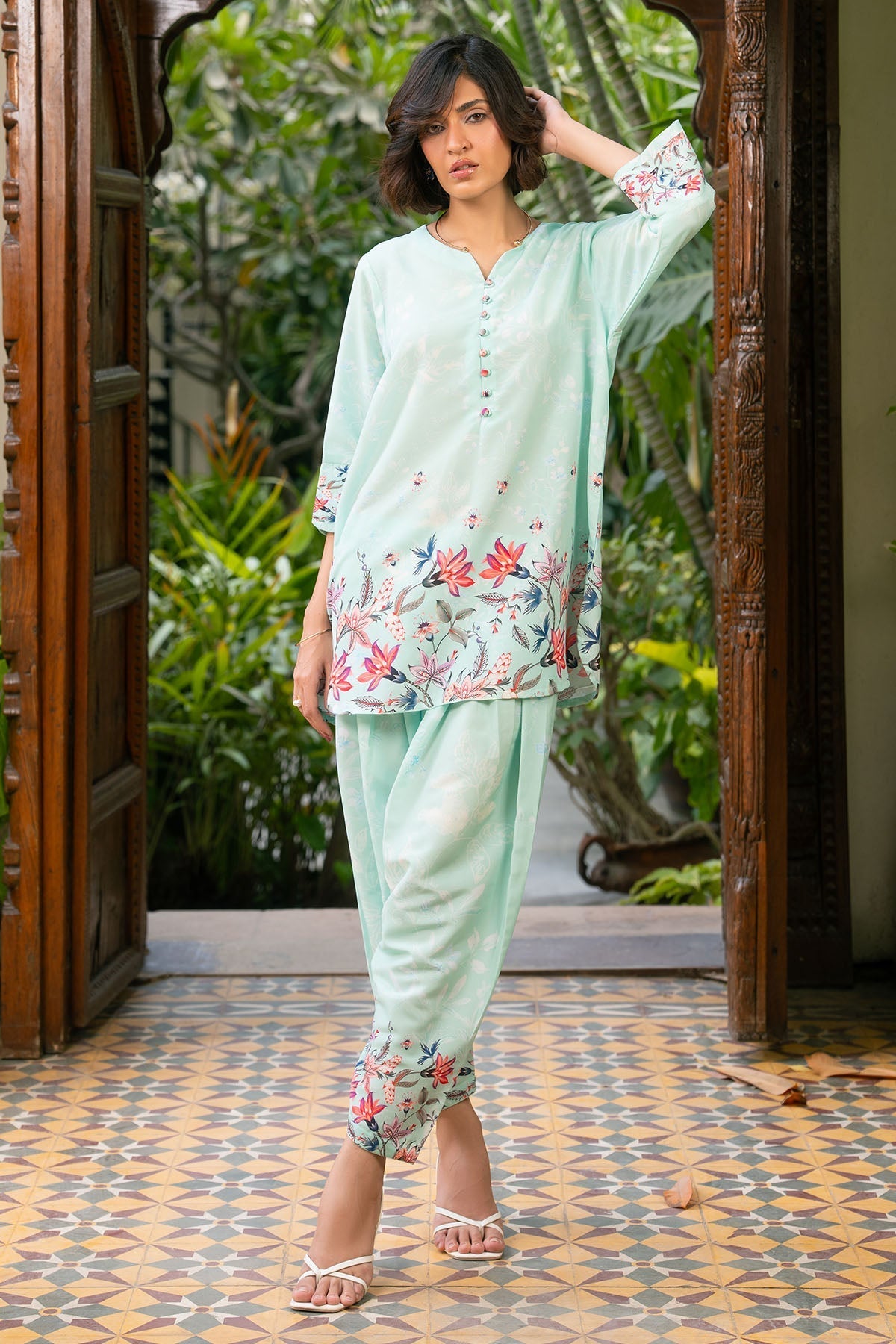 Nairah Stitched Co Ords Summer Suit-Mint Bliss