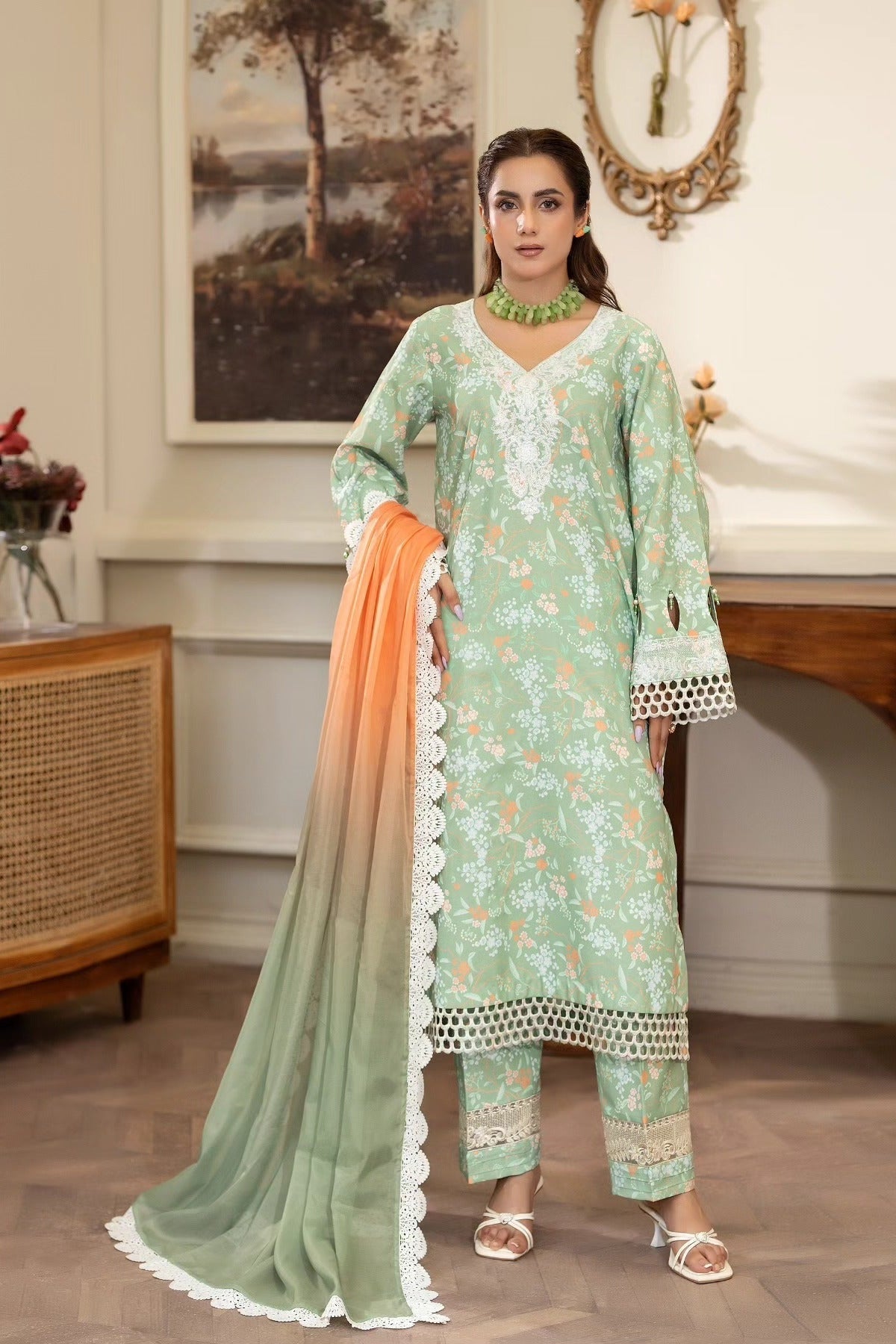 Summer Scent By Nine Needles Stitched 3 Piece Summer Suit-Mint Blossom-NP-04