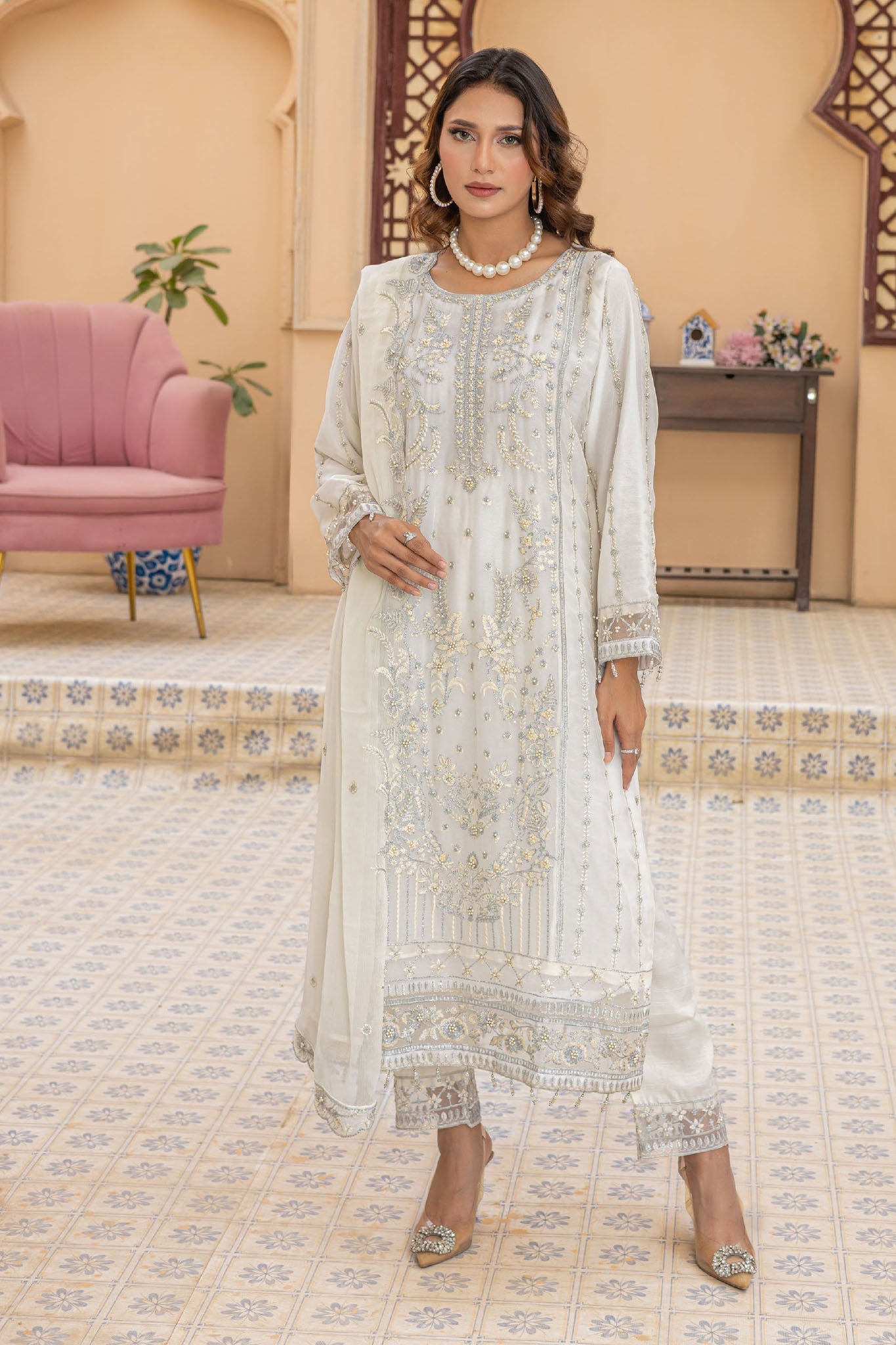 Maya By Azmeerah Stitched 3 Piece Hand Emb Chiffon Suit-02-Moonstone