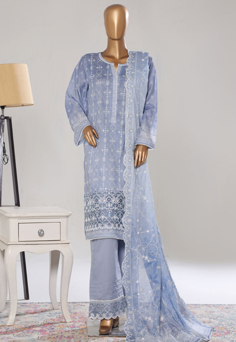 Bin Saeed Stitched 3 Piece Luxury White & White Emb Suit-NSM-2525 BLUE