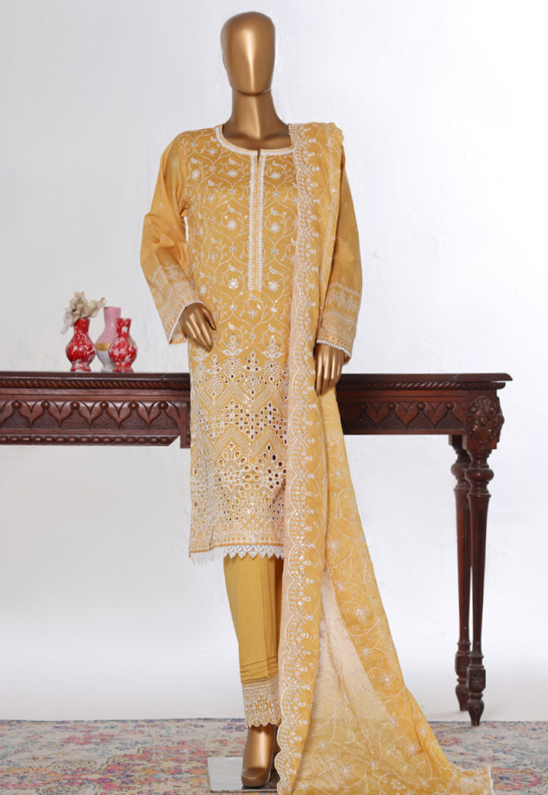 Bin Saeed Stitched 3 Piece Luxury White & White Emb Suit-NSM-2532 YELLOW