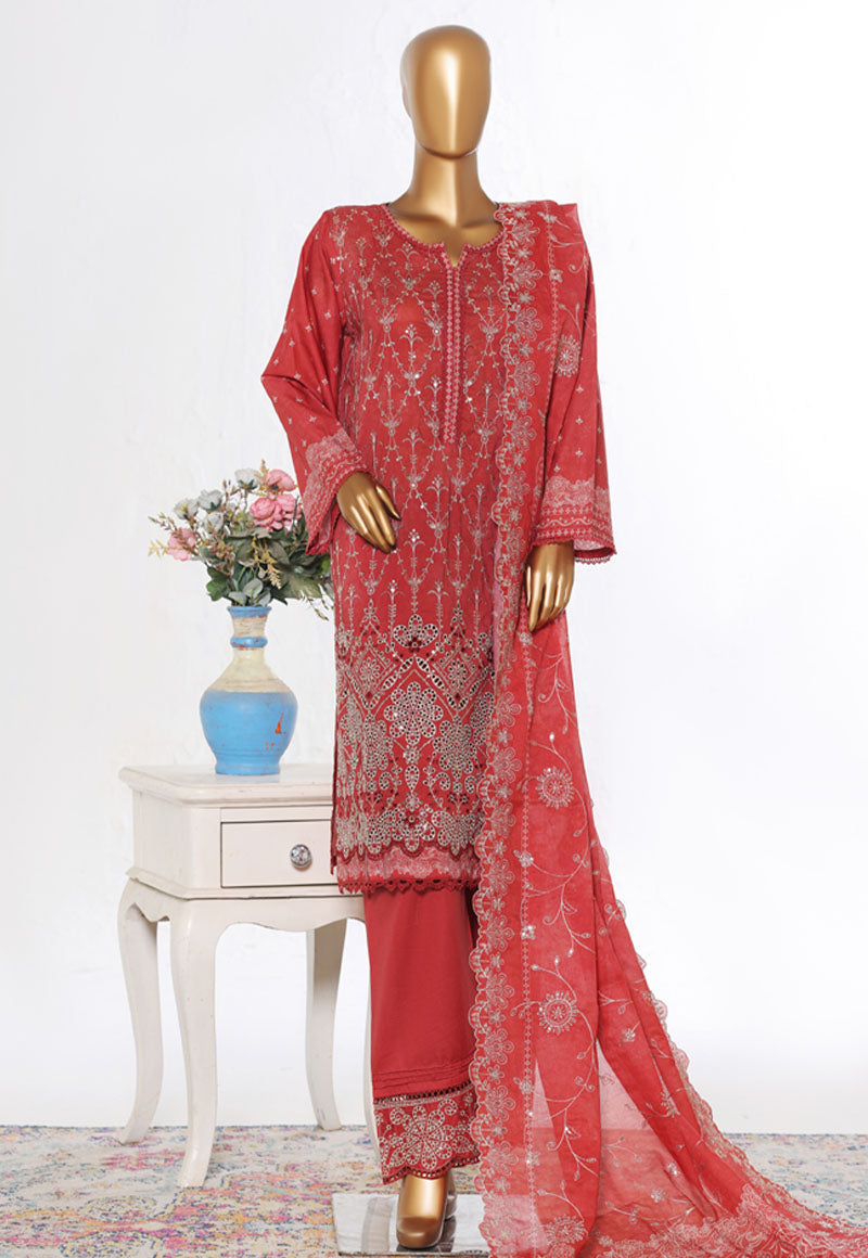 Bin Saeed Stitched 3 Piece Luxury White & White Emb Suit-NSM-2550 RED