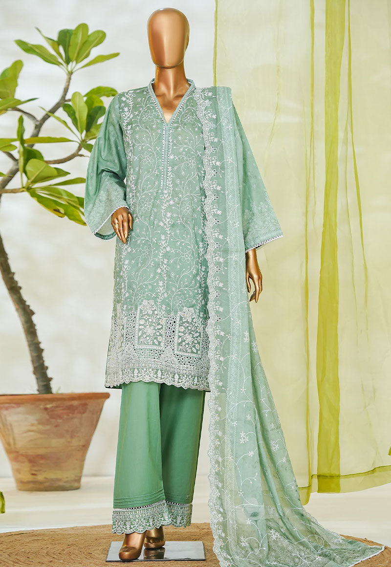 Bin Saeed Stitched 3 Piece Luxury White & White Emb Suit-NSM-2555 PISTA