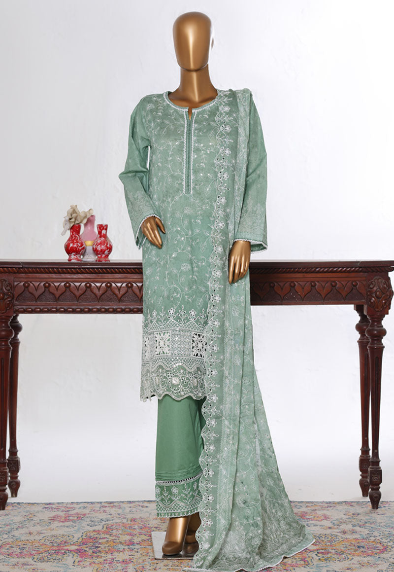 Bin Saeed Stitched 3 Piece Luxury White & White Emb Suit-NSM-2556 GREEN