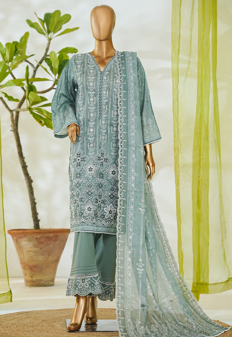 Bin Saeed Stitched 3 Piece Luxury White & White Emb Suit-NSM-2557 GREY