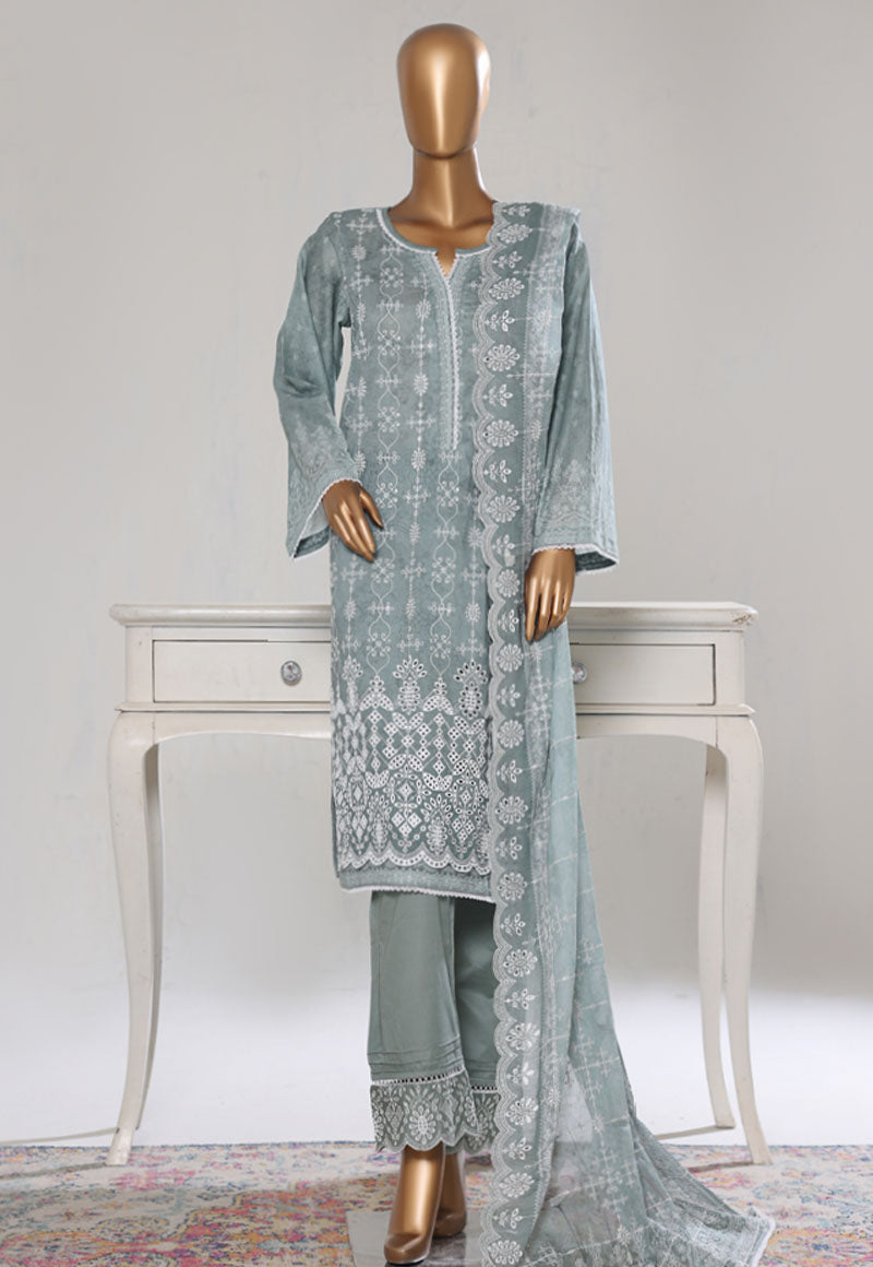 Bin Saeed Stitched 3 Piece Luxury White & White Emb Suit-NSM-2558 GREY