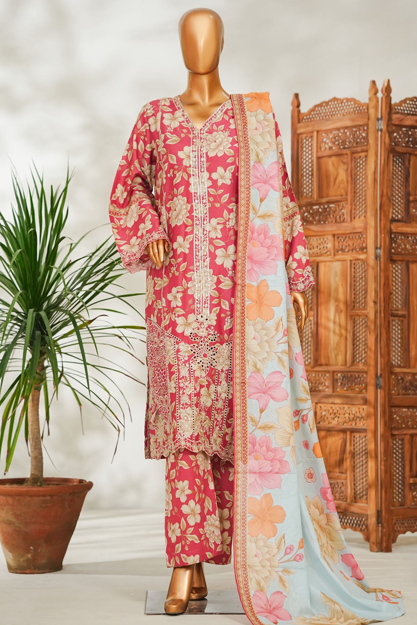 Bin Saeed Stitched 3 Piece Exclusive Emb Lawn Vol-02 Suit-NSM-2647 PINK