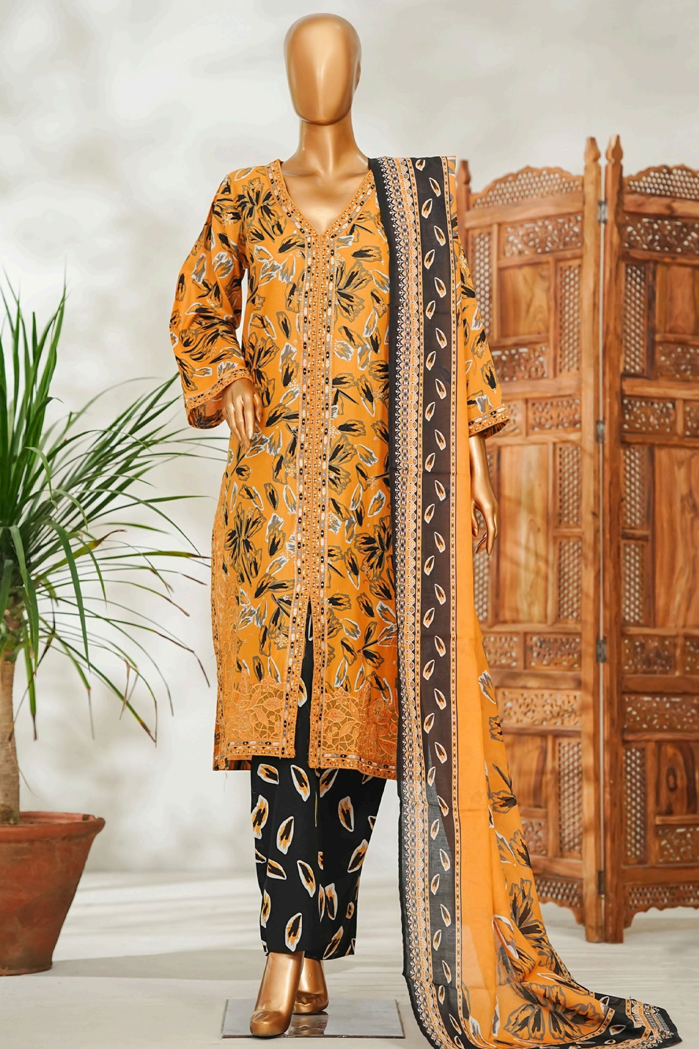 Bin Saeed Stitched 3 Piece Exclusive Emb Lawn Vol-02 Suit-NSM-2662 YELLOW