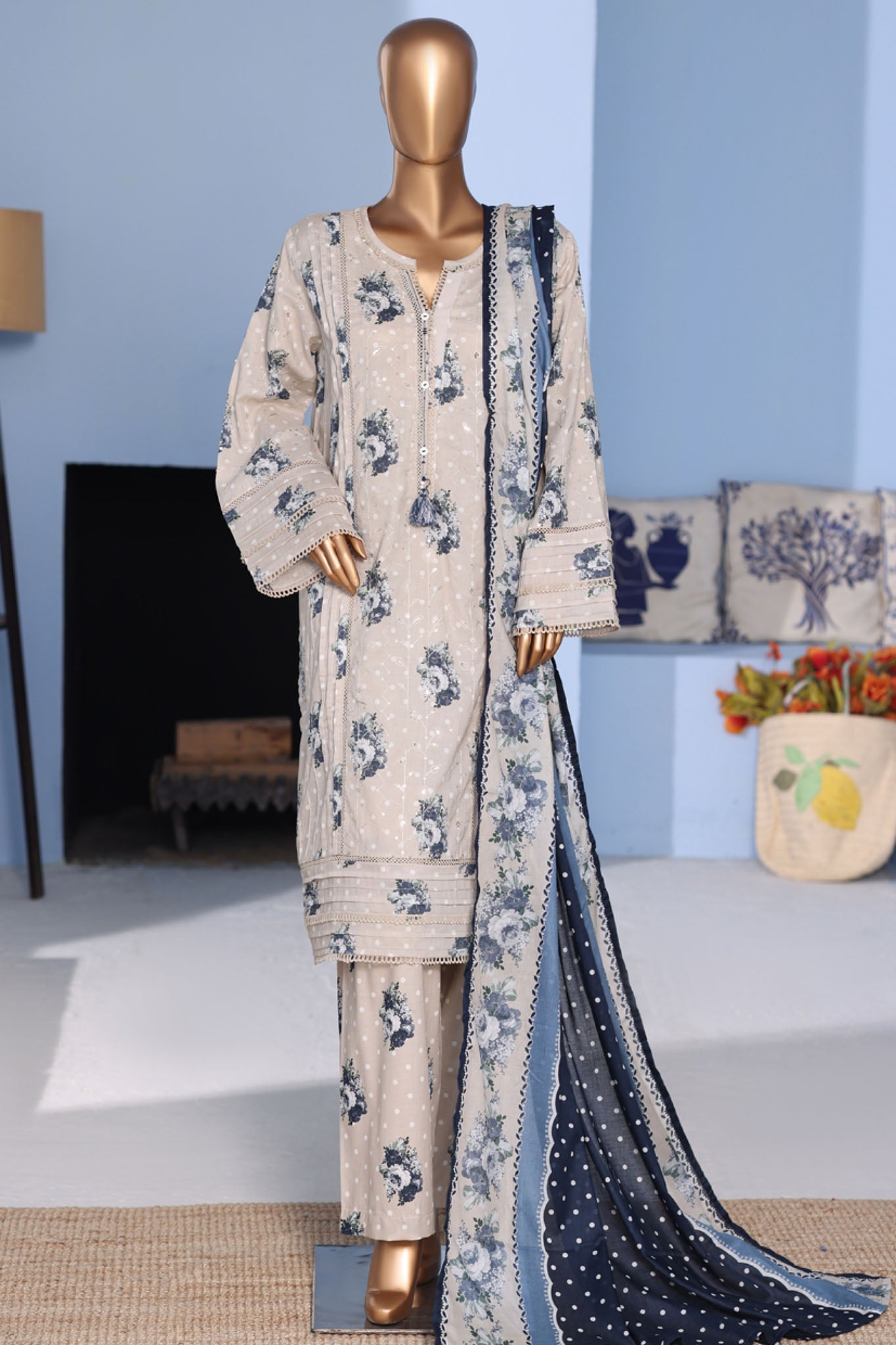 Bin Saeed Stitched 3 Piece Exclusive Emb Lawn Pintex Suit-NSM-2666 SKIN
