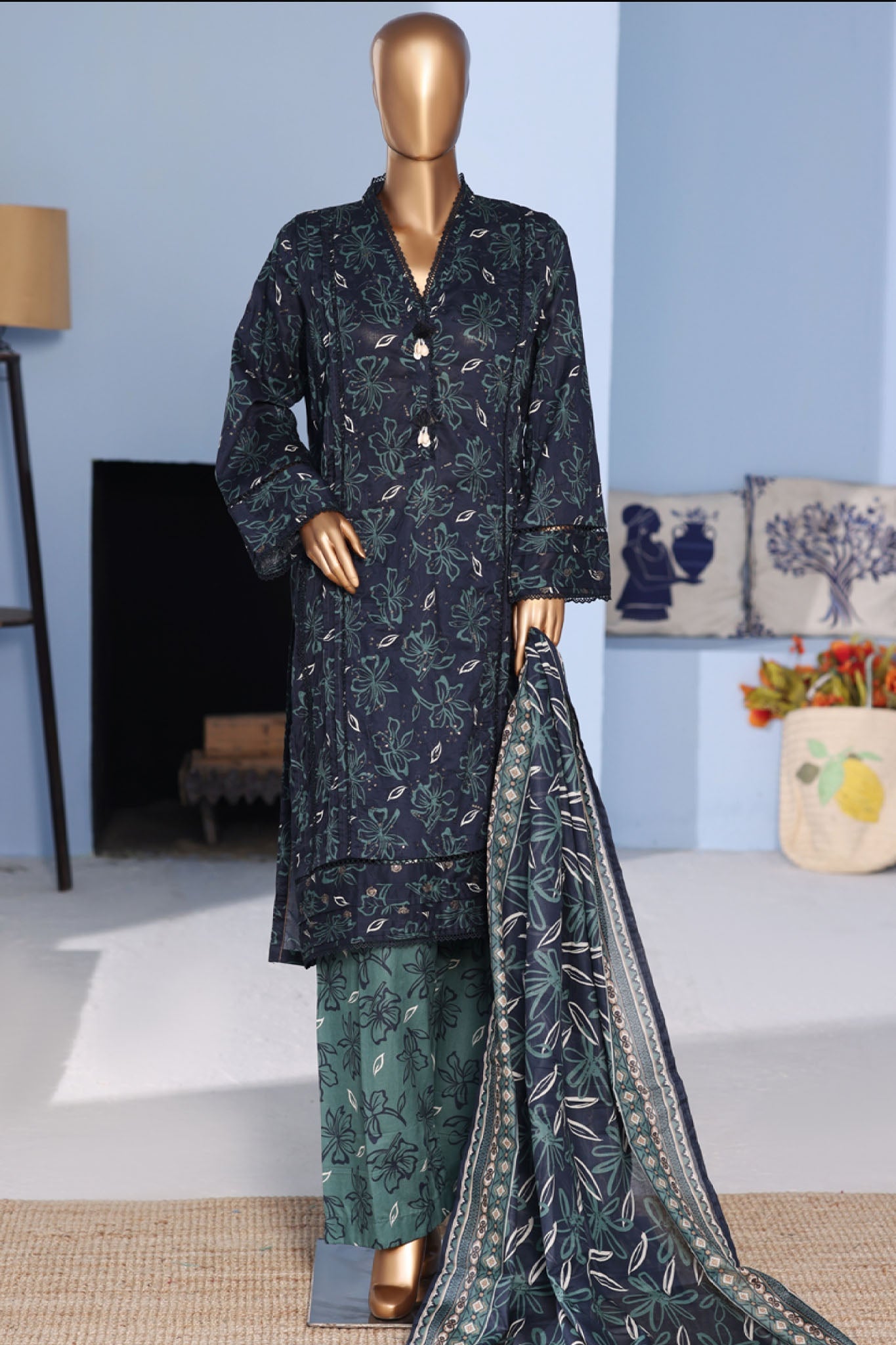Bin Saeed Stitched 3 Piece Exclusive Emb Lawn Pintex Suit-NSM-2668 BLUE