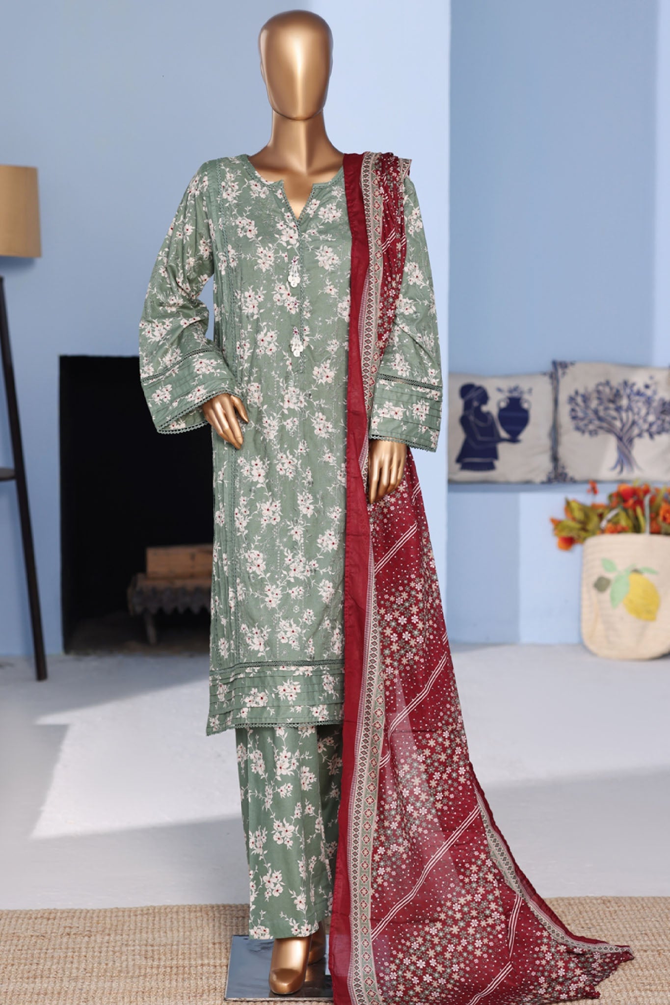 Bin Saeed Stitched 3 Piece Exclusive Emb Lawn Pintex Suit-NSM-2693 GREEN