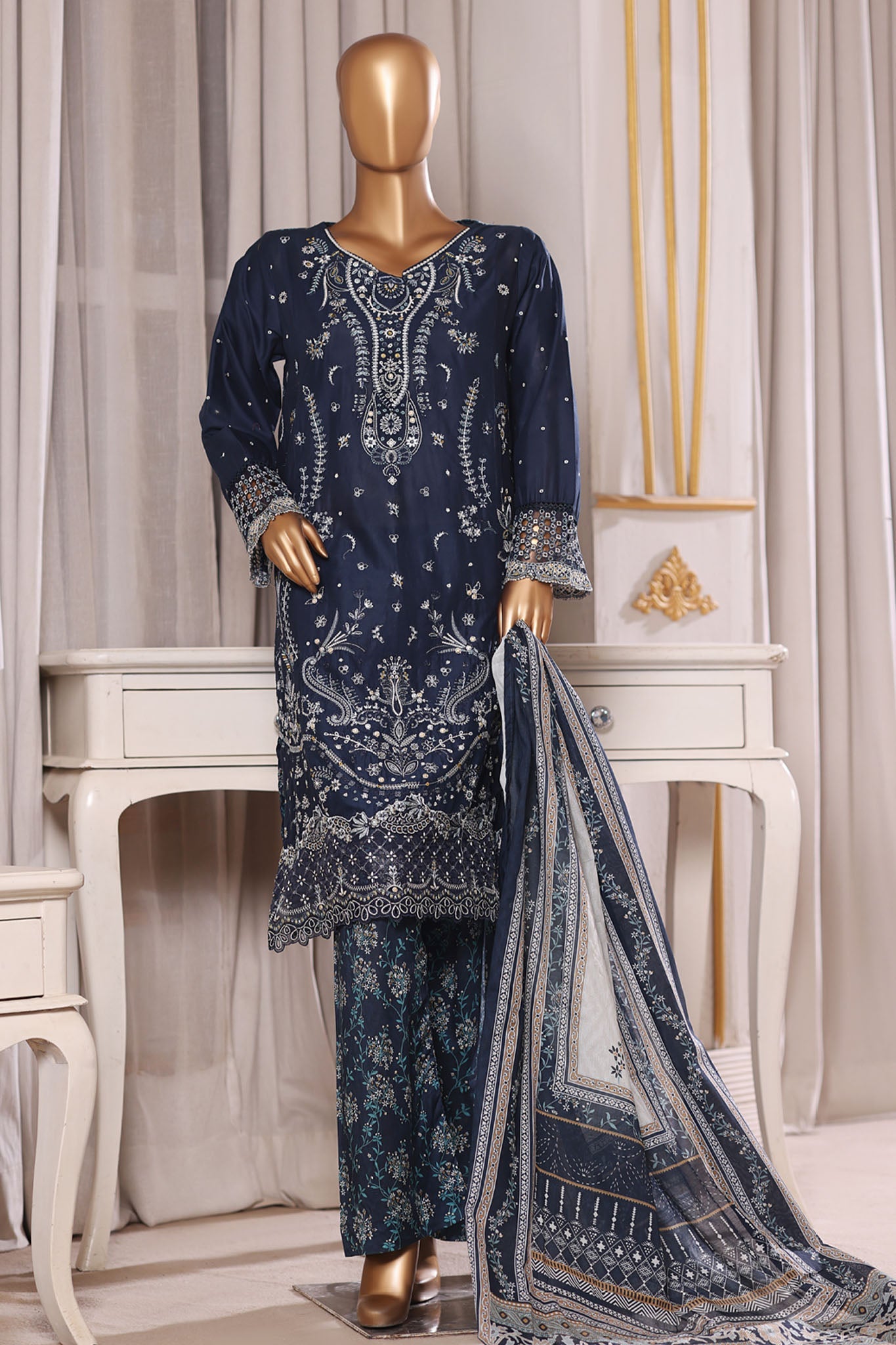 Bin Saeed Stitched 3 Piece Luxury Chikankari & Laserkari Suit-NSM-2777-BLUE