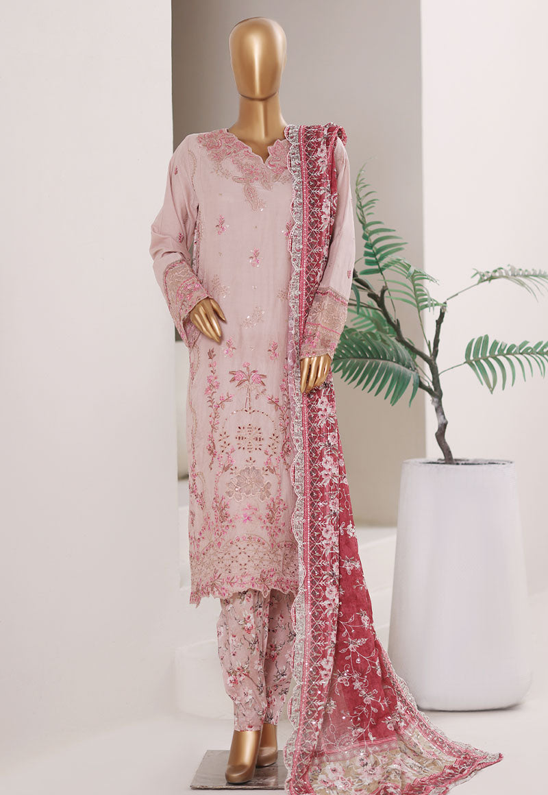 Bin Saeed Stitched 3 Piece Luxury Emb Plain Cotton With Emb Dupatta Vol-01 Suit-NSM-2582 PINK