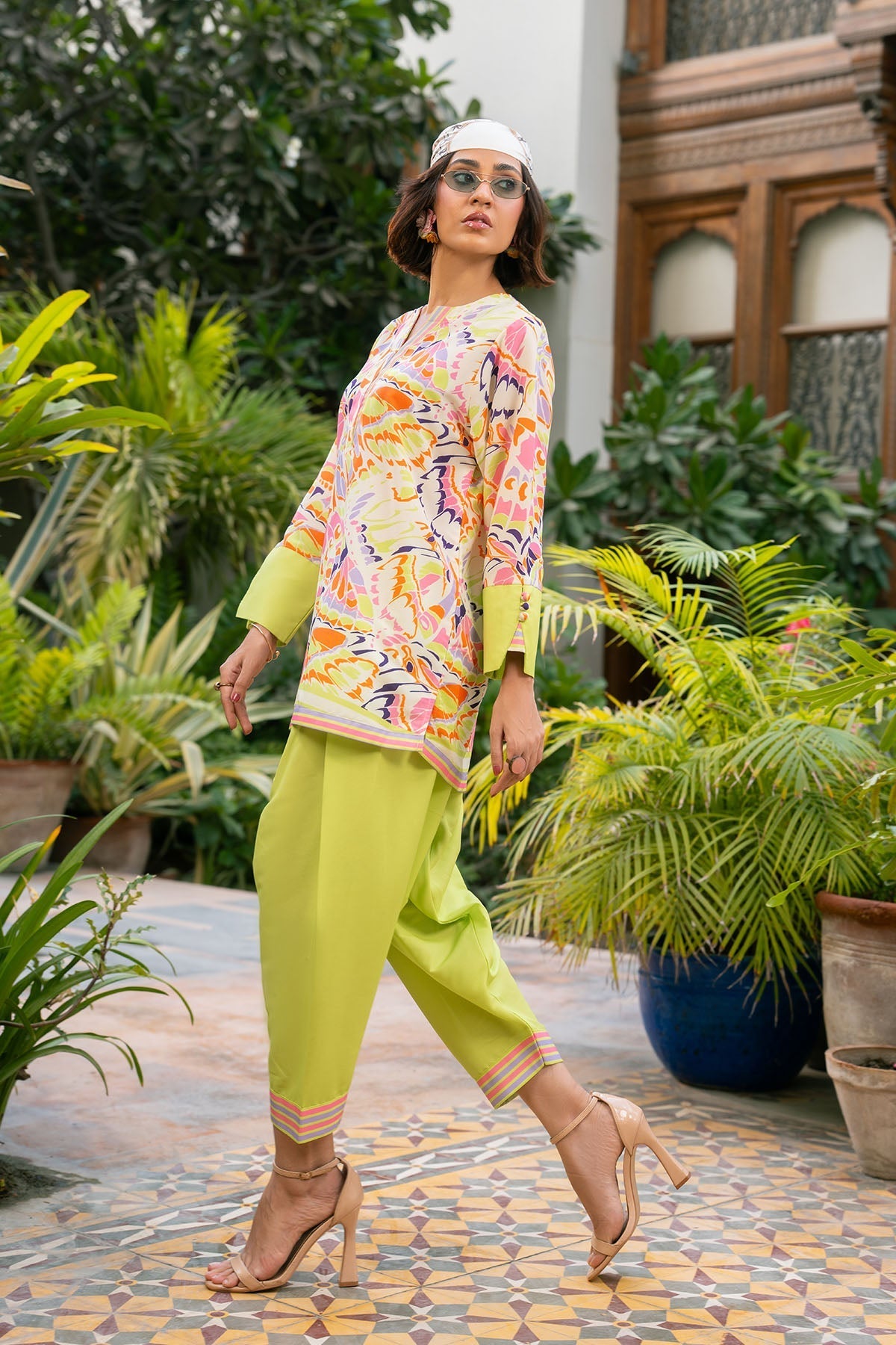 Nairah Stitched Co Ords Summer Suit-Neon Aura