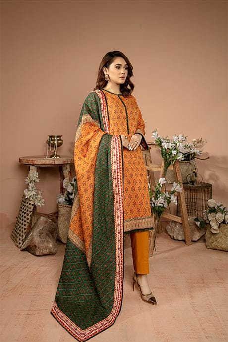 Zoha By Aymen Baloch Un-Stitched Printed Khaddar 3pc Suit ZA105- TANGERINE