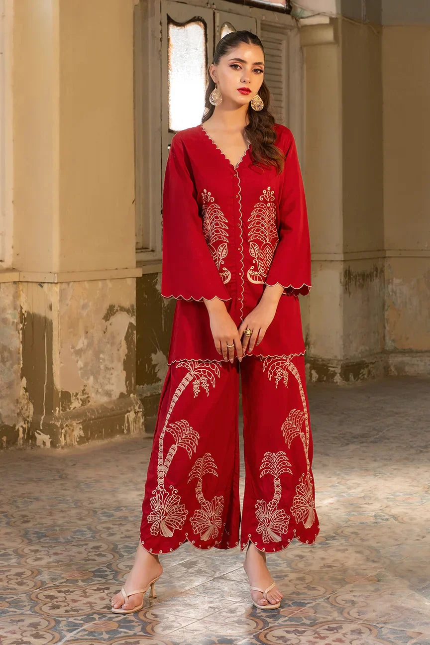 Dhaga Stitched Summer Women Suit-Persimmon