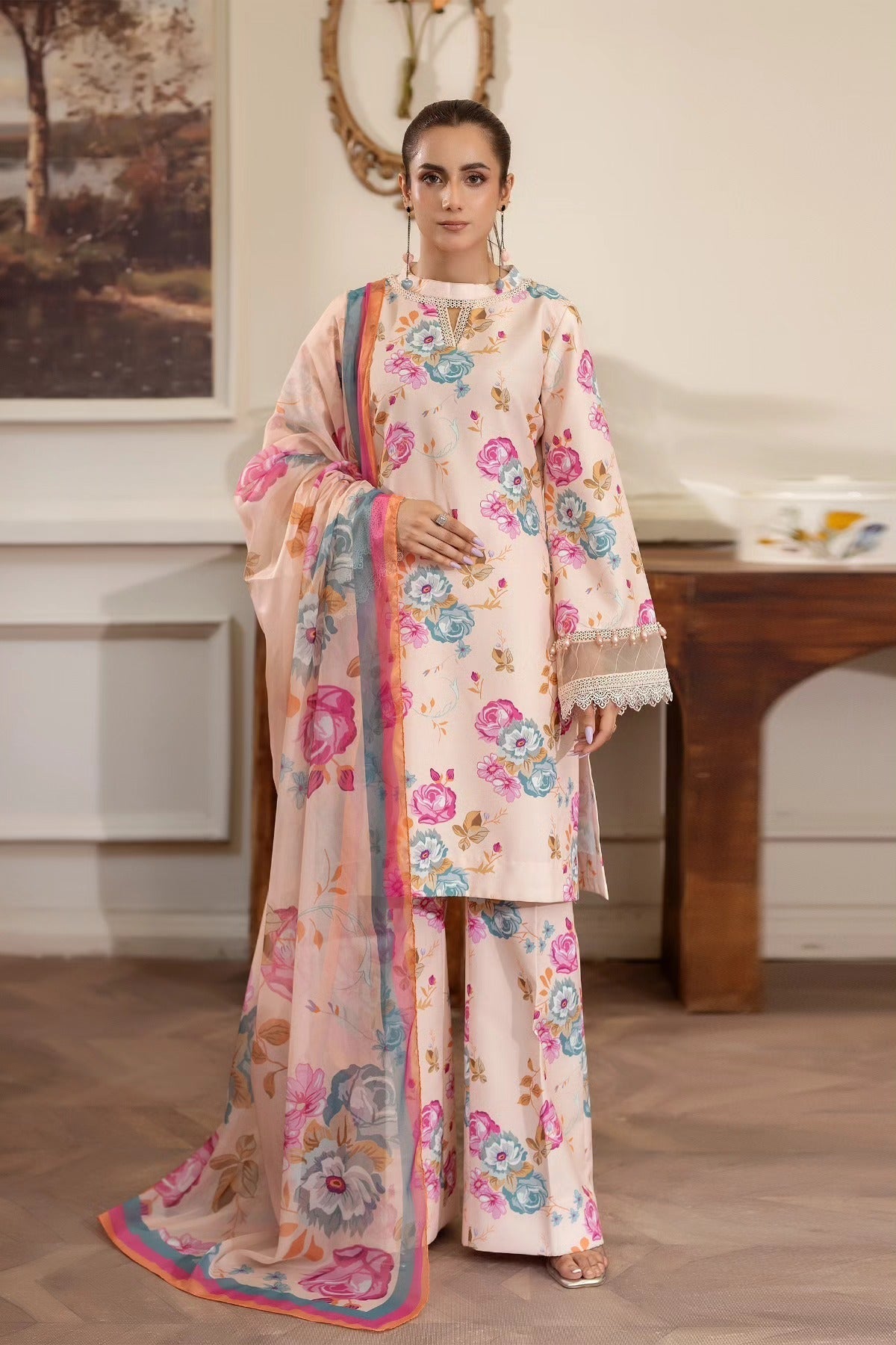 Summer Scent By Nine Needles Stitched 3 Piece Summer Collection'2025-Peach Sorbet-NP-01