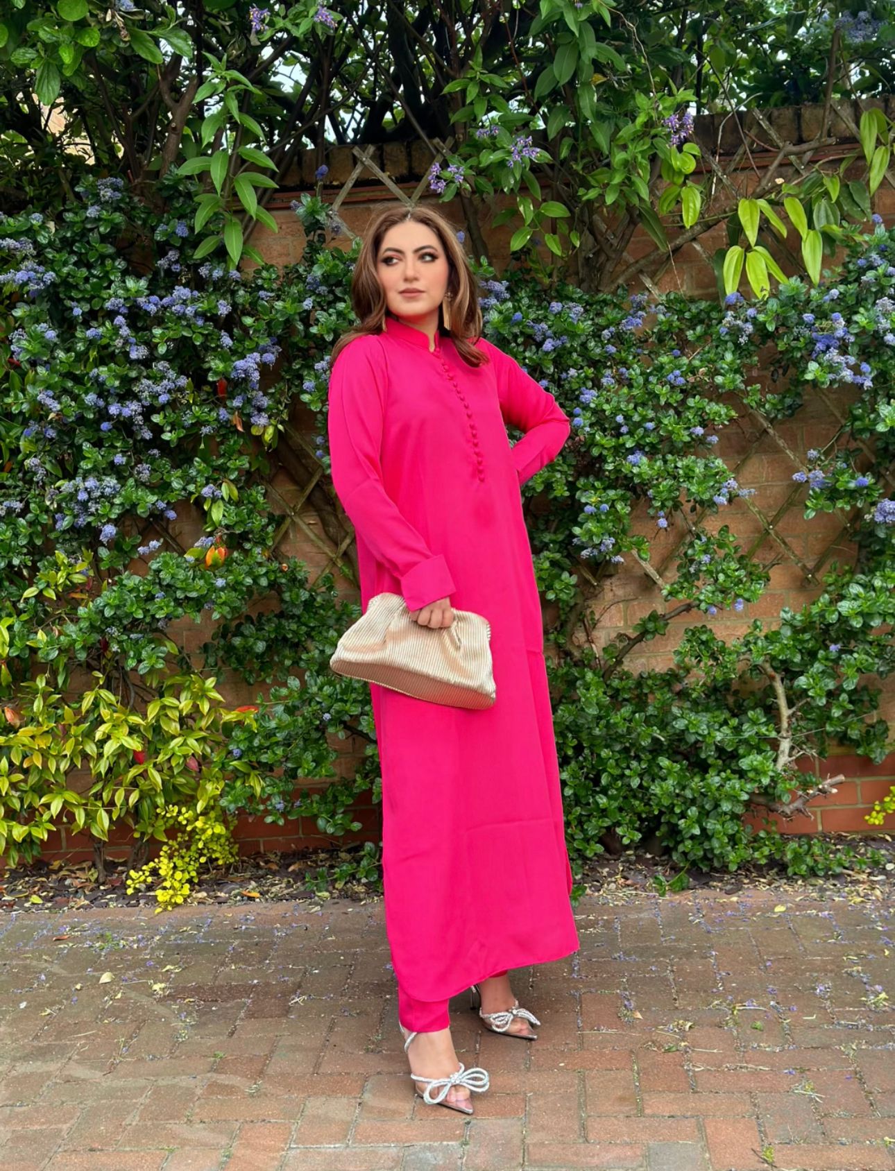 Manahils Stitched Pink Long Button Set