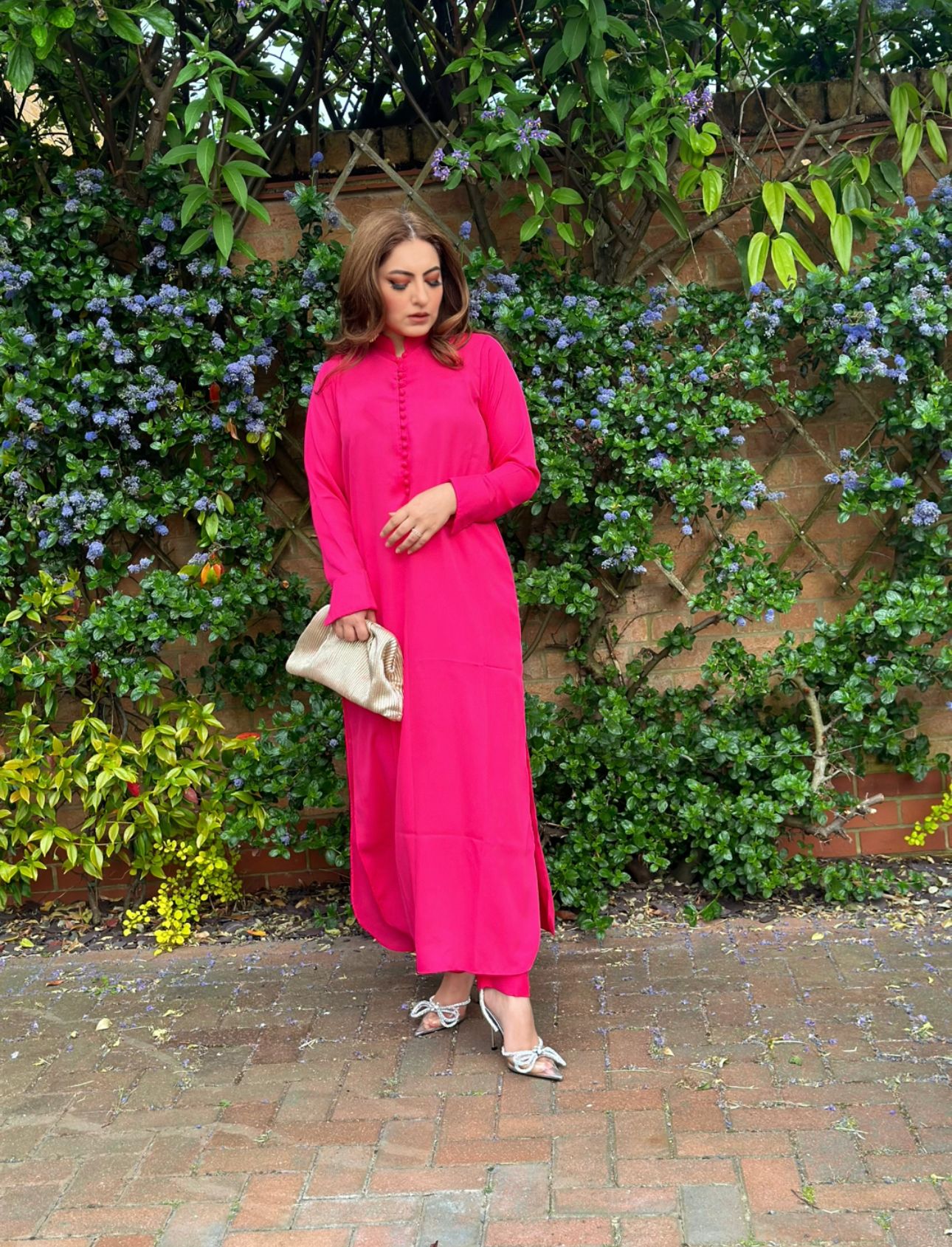 Manahils Stitched Pink Long Button Set