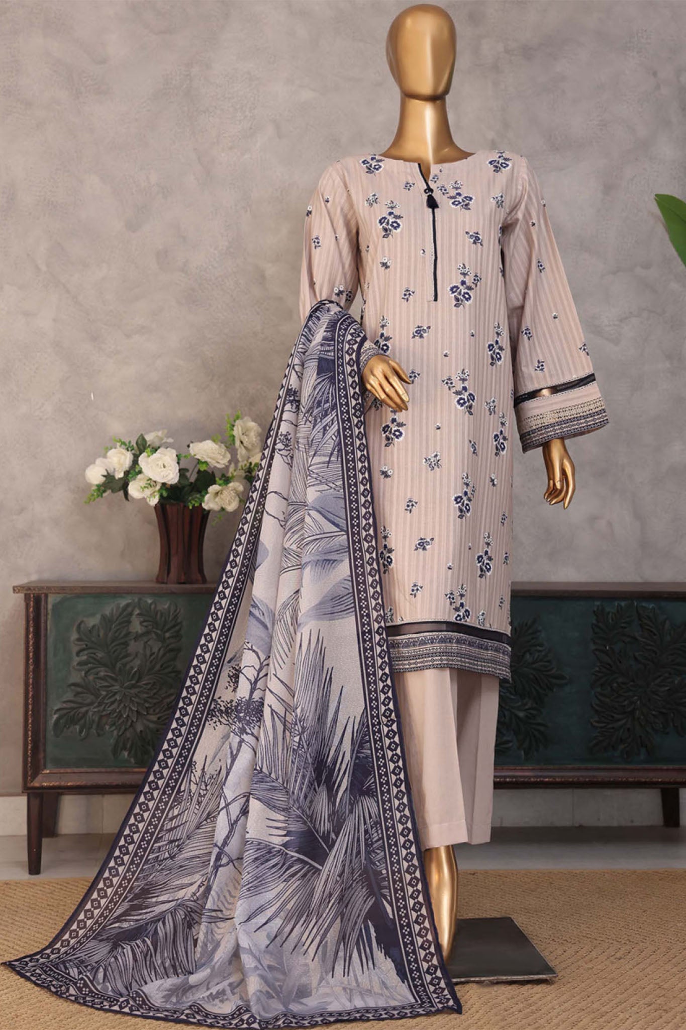 Enchant By HZ Stitched 3 Piece Linnokara Prints Suit-PNK-101