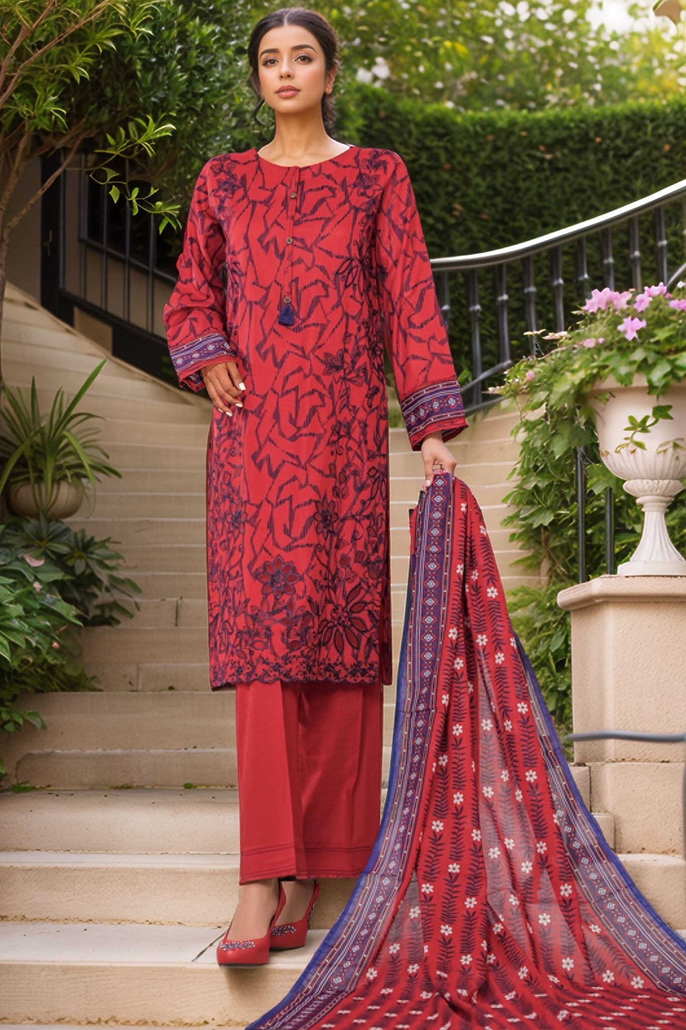 Intermix Thread & Needle By HZ Stitched 3 Piece Emb Cambric Collection'2025-POEL-3P-007-Red