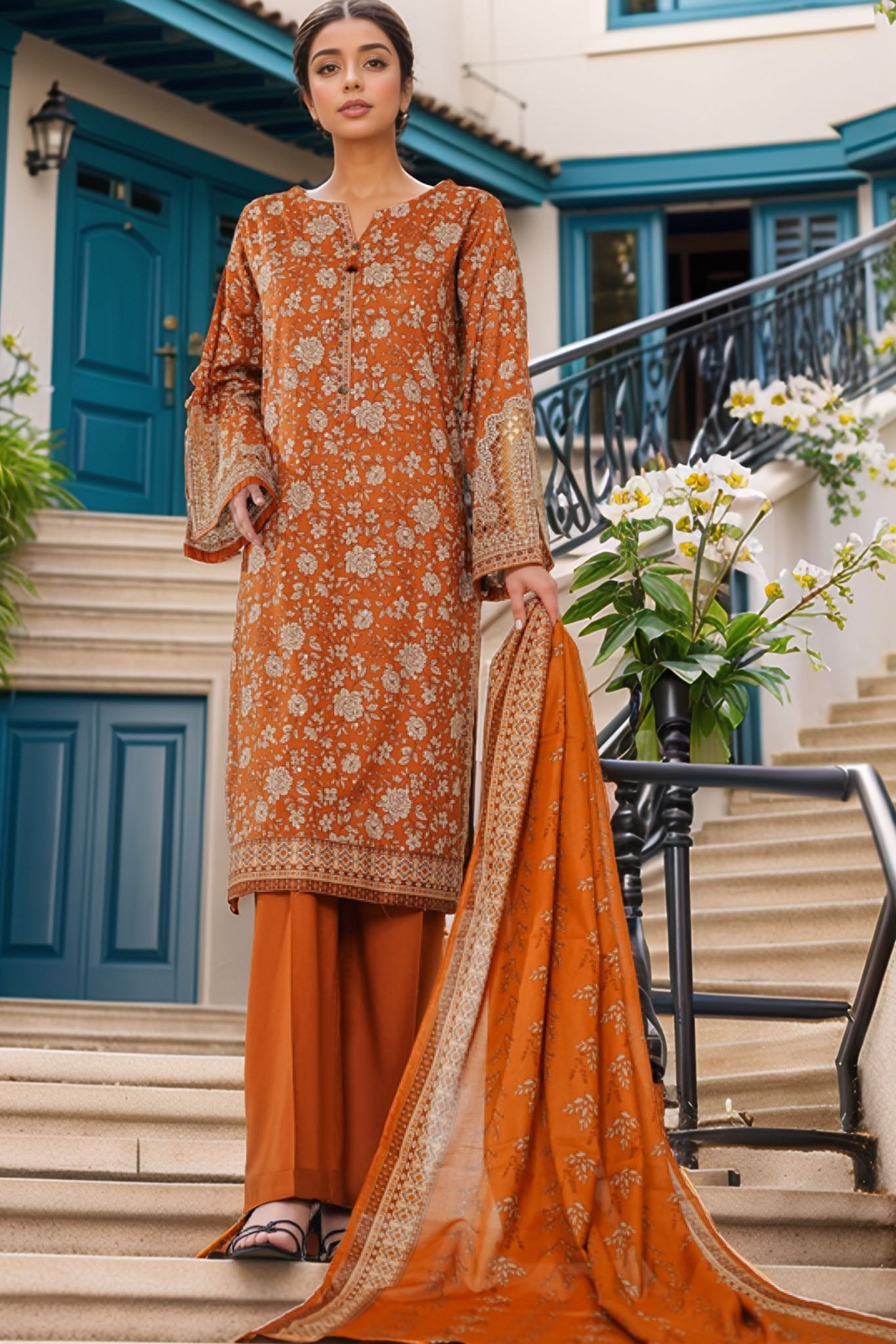 Intermix Thread & Needle By HZ Stitched 3 Piece Emb Cambric Collection'2025-POEL-3P-008-Rust