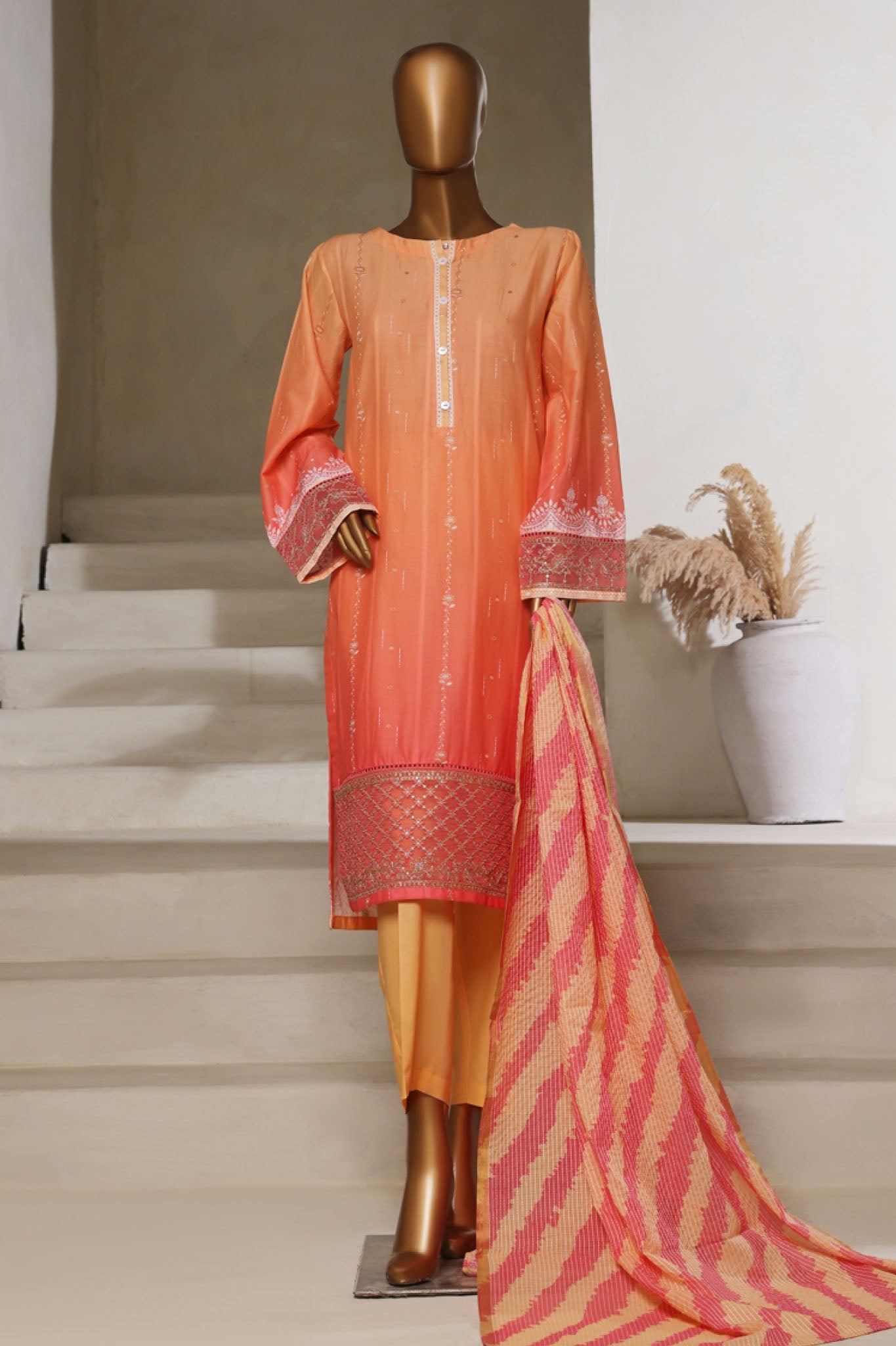 Ombre Damask By HZ Stitched 3 Piece Emb Jacquard Series Collection'2025-PSJ-028-Peach