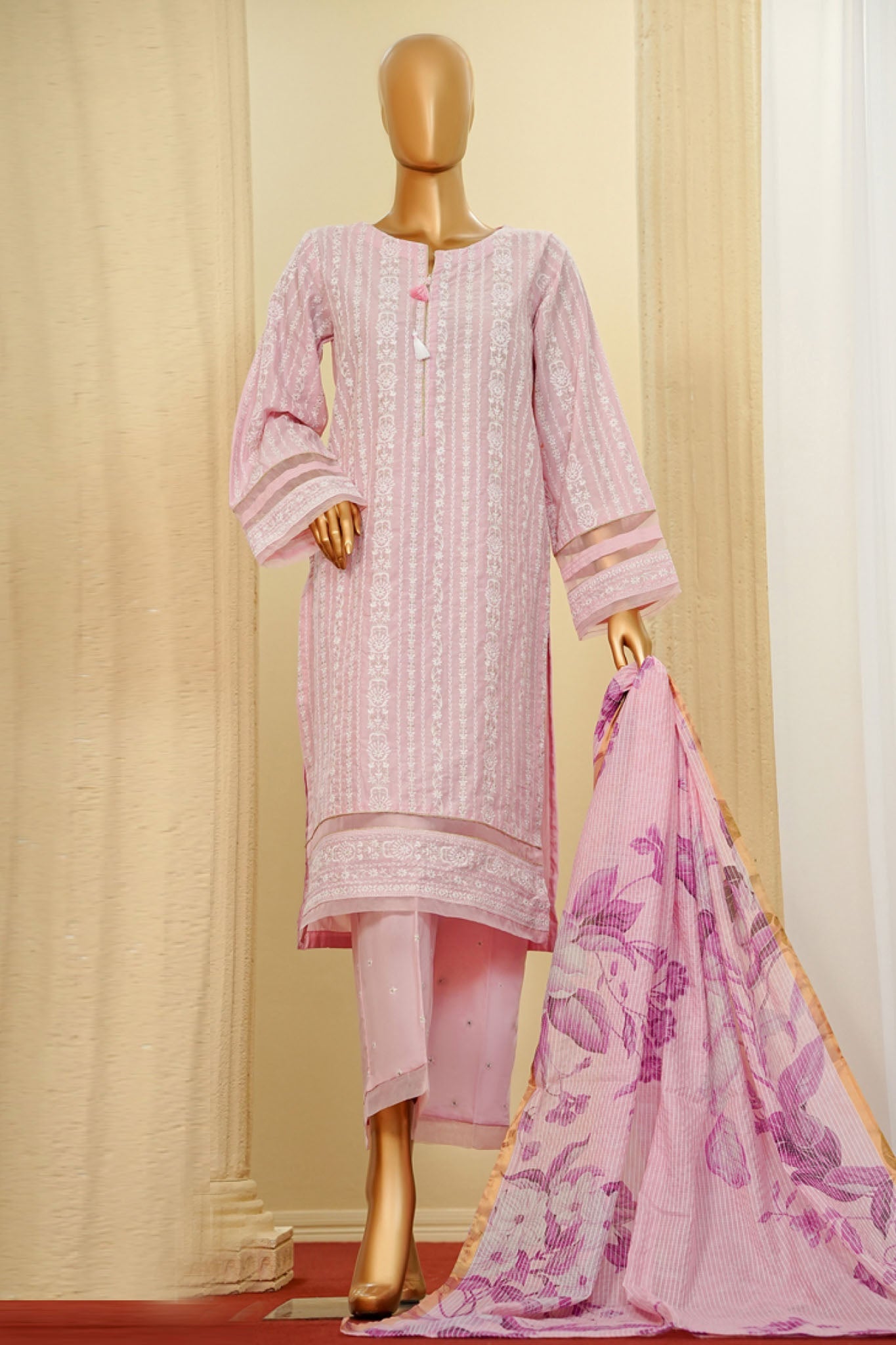 Traditional Vibes By HZ Stitched 3 Piece Solid Emb Chikankari Collection'2025-PWC-105-Pink