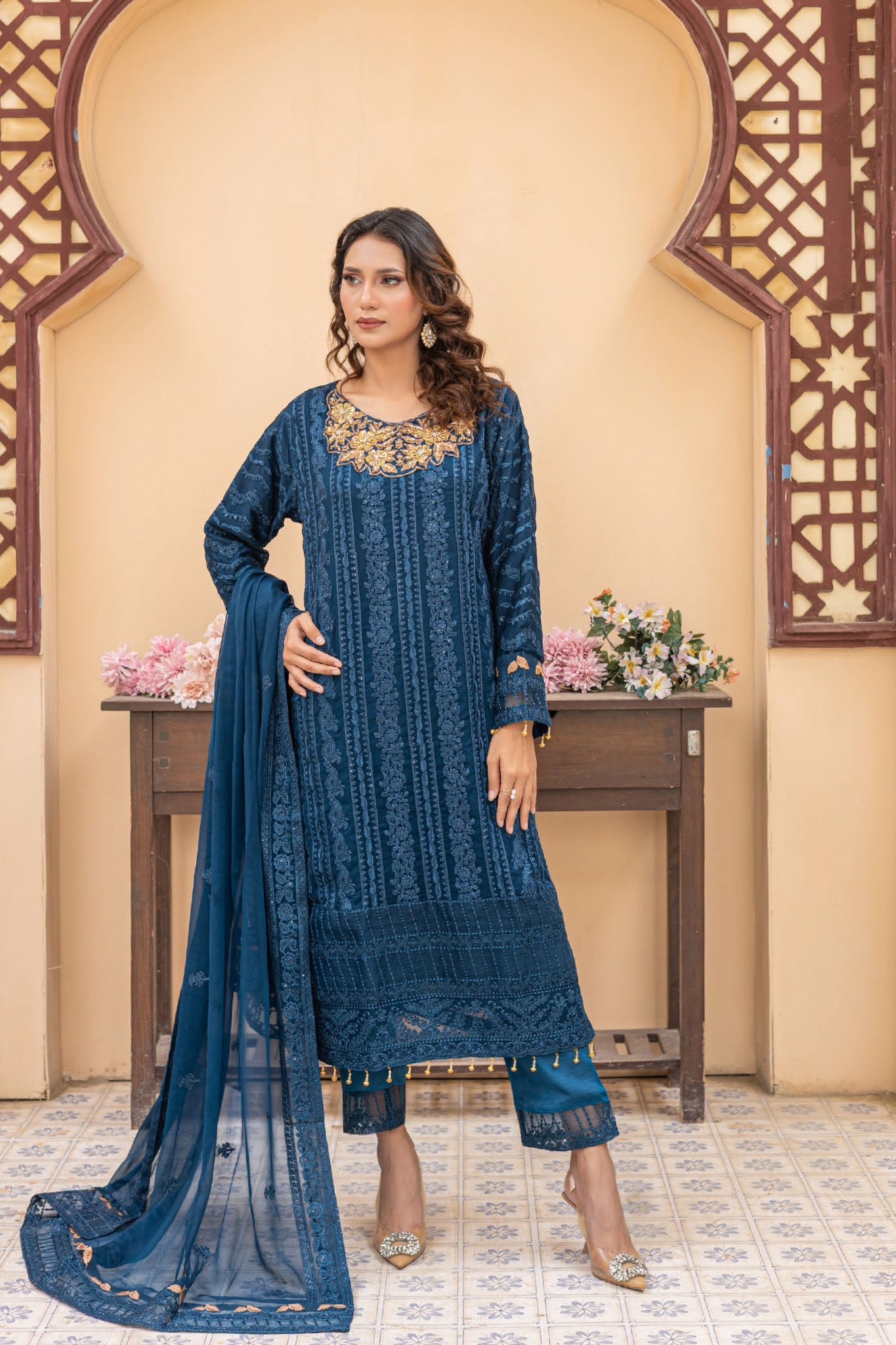 Maya By Azmeerah Stitched 3 Piece Hand Emb Chiffon Suit-04-Pavorel