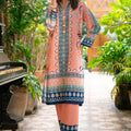 Nairah Stitched Co Ords Summer Suit-Peach Melon