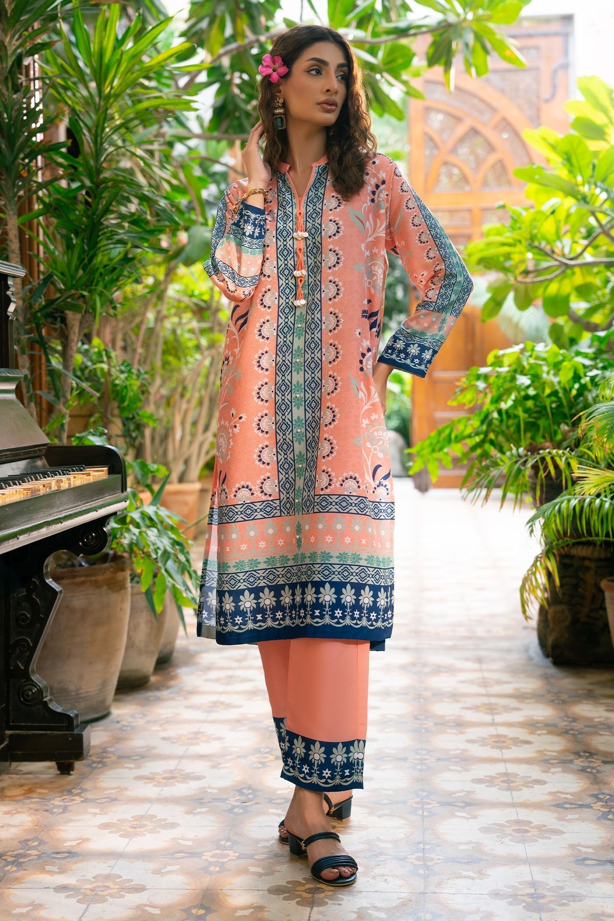 Nairah Stitched Co Ords Summer Suit-Peach Melon