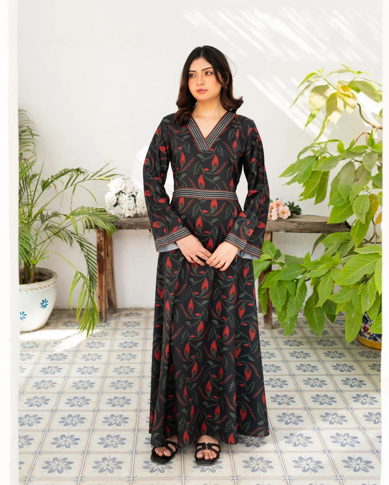 Zauk Charcoal Black Printed Long Dress