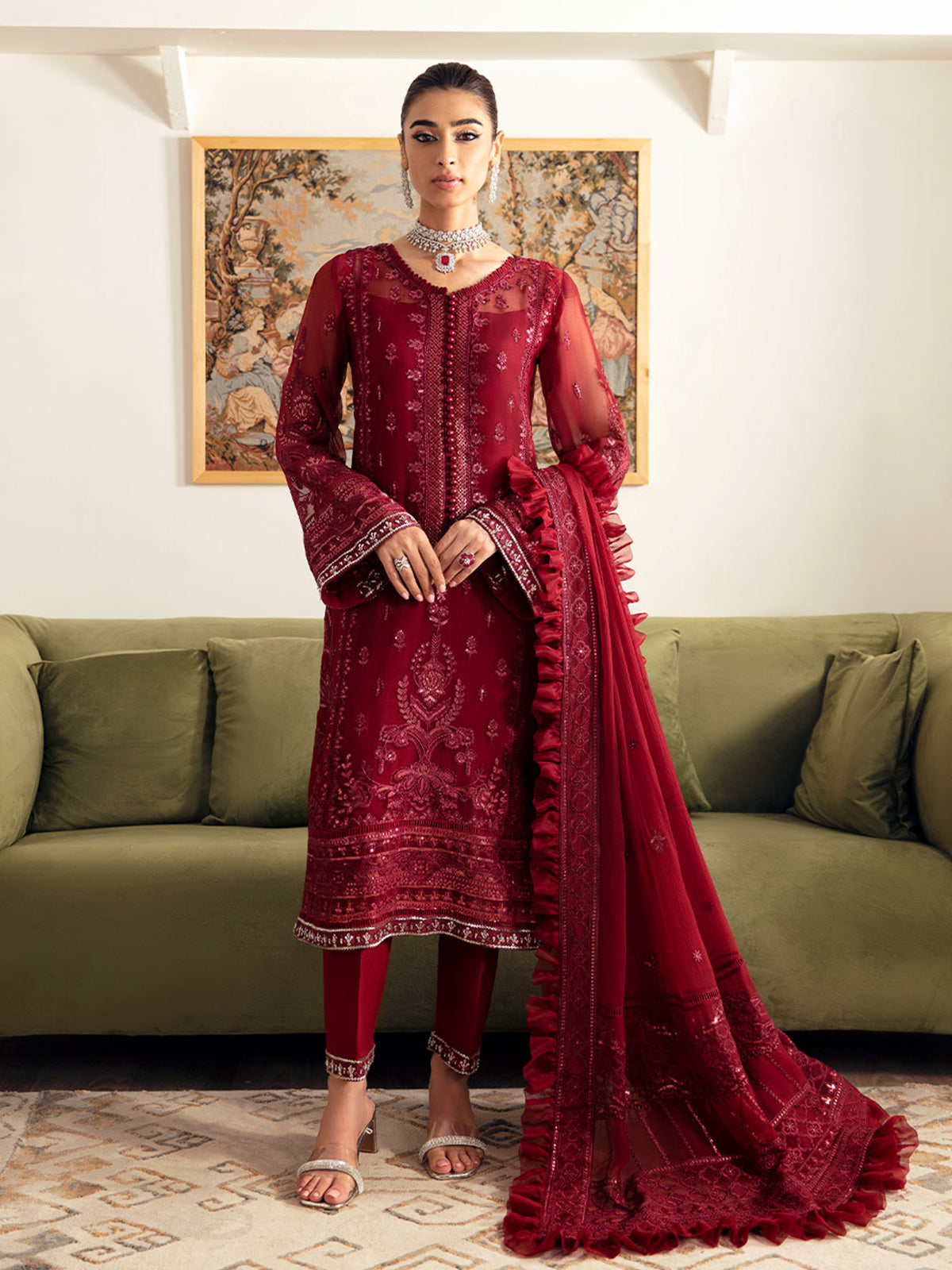 Gulaal Unstitched 3 Piece Emb Chiffon Vol-01 Suit-Ruby GL-EC-23V1-02