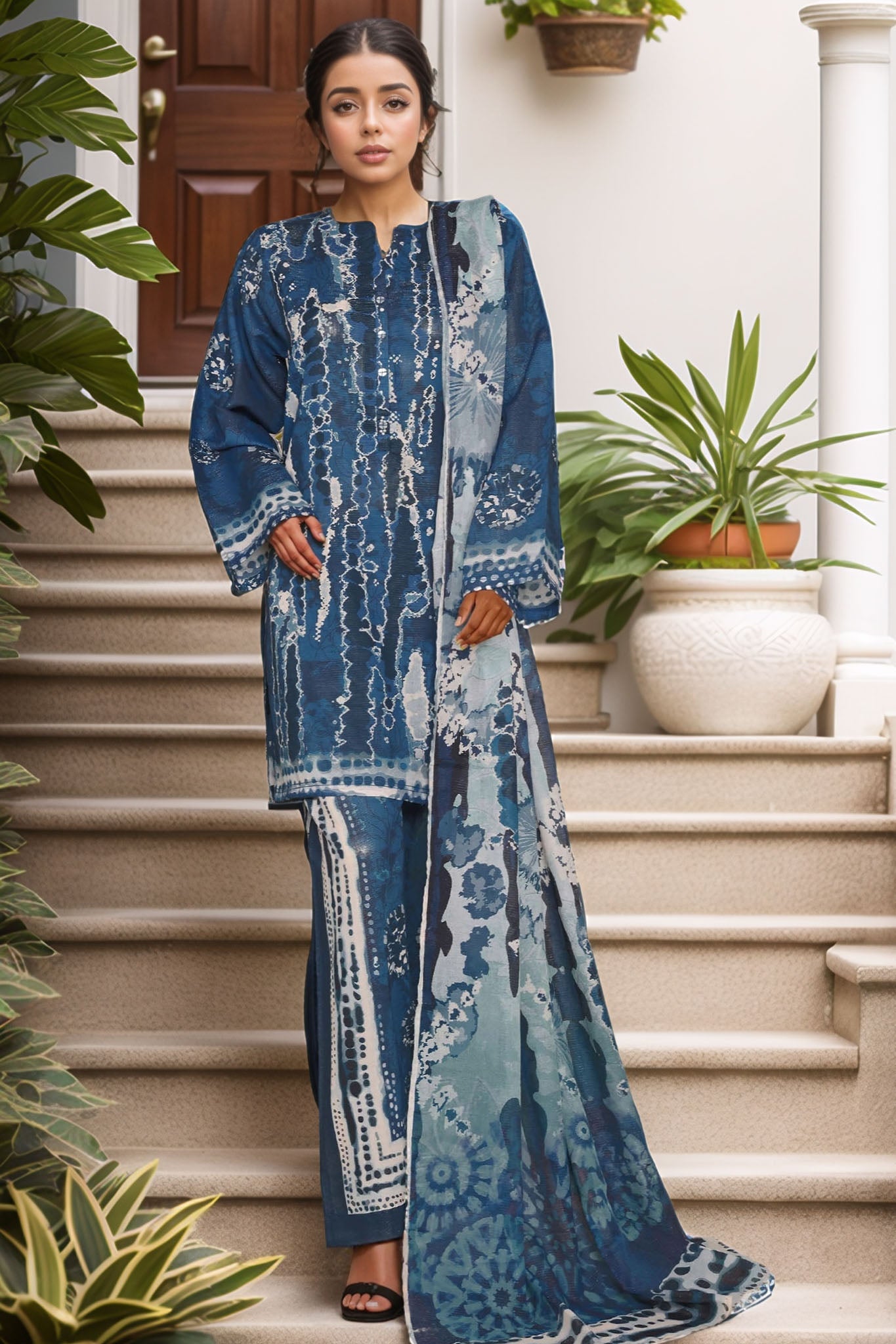 Sada Bahar Stitched 3 Piece Printed Shimmered Cambric Collection'2025-SC-305-BLUE