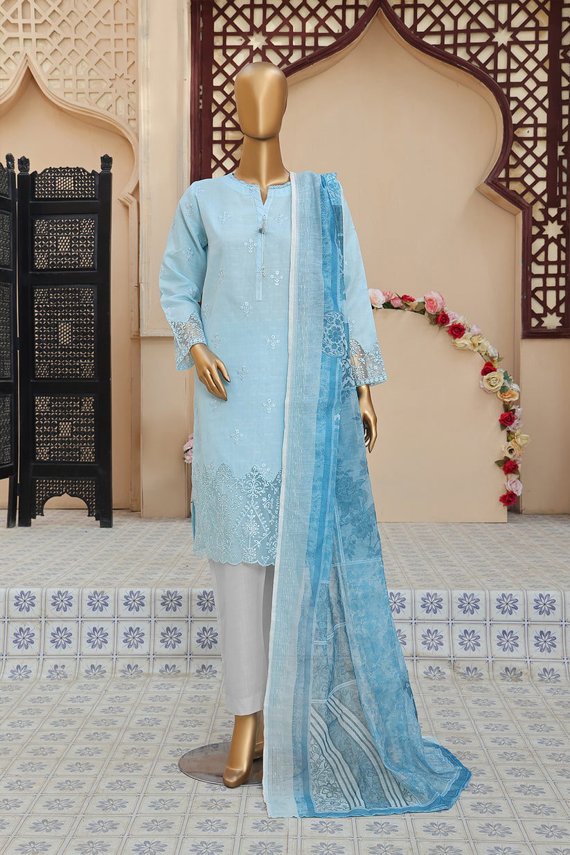 Sumi Stitched 3 Piece Emb Stiff Cotton Suit-SEC-06-Sky Blue
