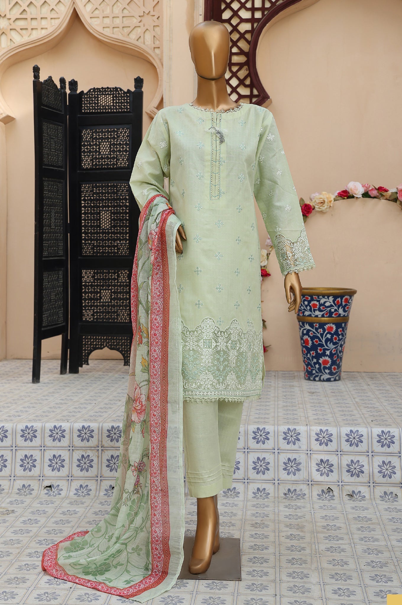 Sumi Stitched 3 Piece Emb Stiff Cotton Suit-SEC-07-Mint Green