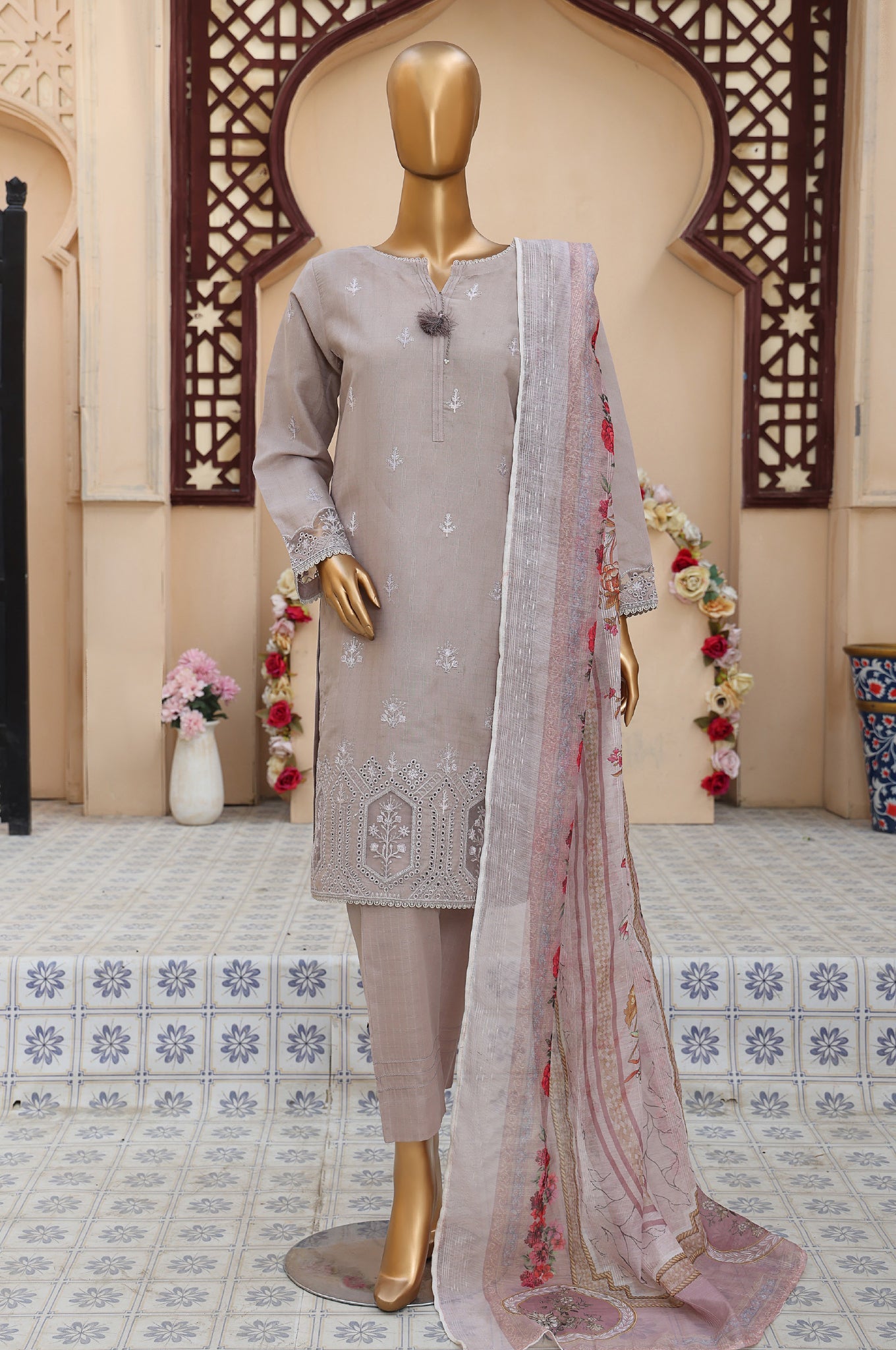Sumi Stitched 3 Piece Emb Stiff Cotton Suit-SEC-09-Dove