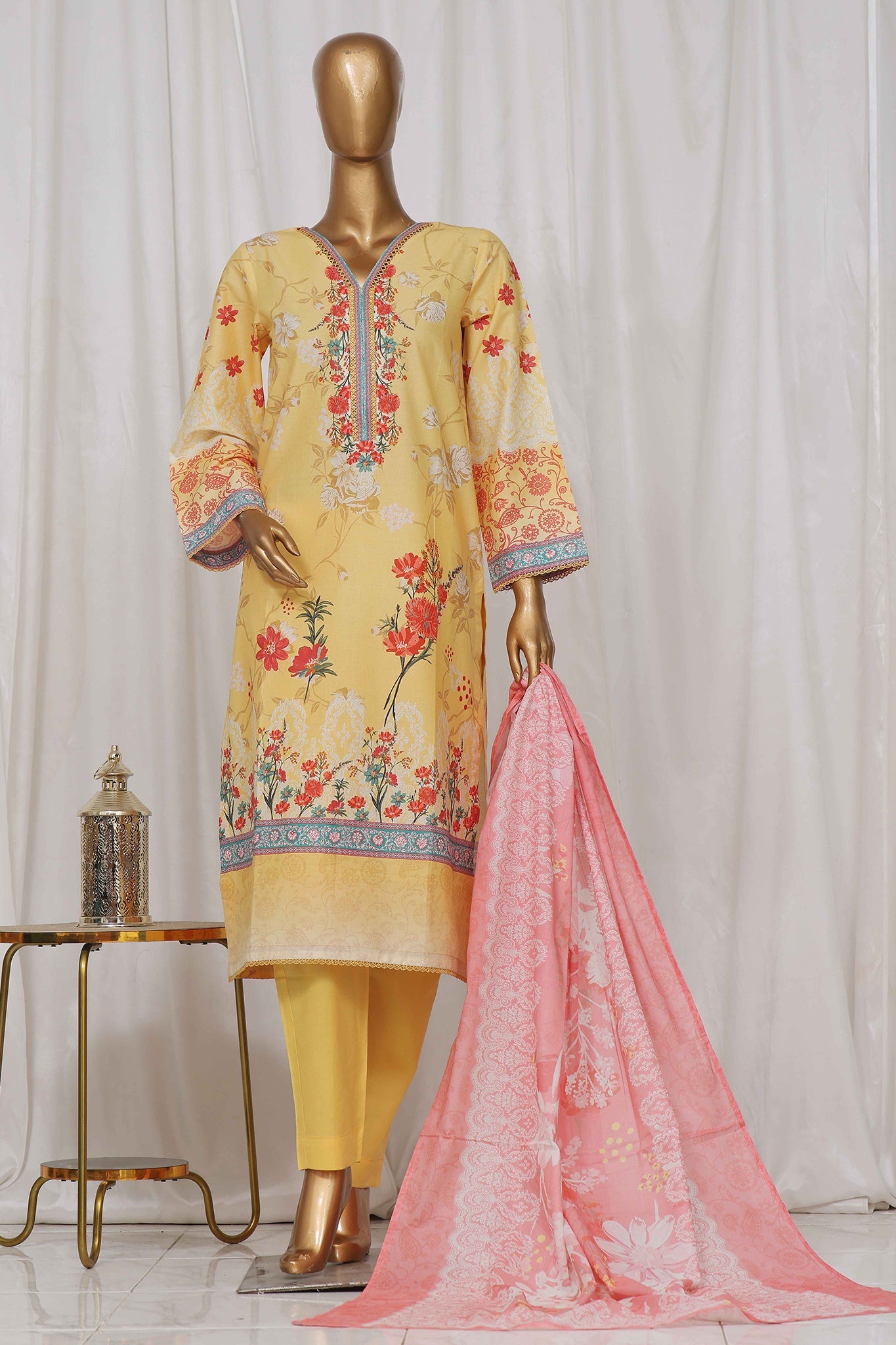 Bin Saeed Stitched 3 Piece Exclusive Printed Lawn Vol-05 Collection-SM-1343-Yellow