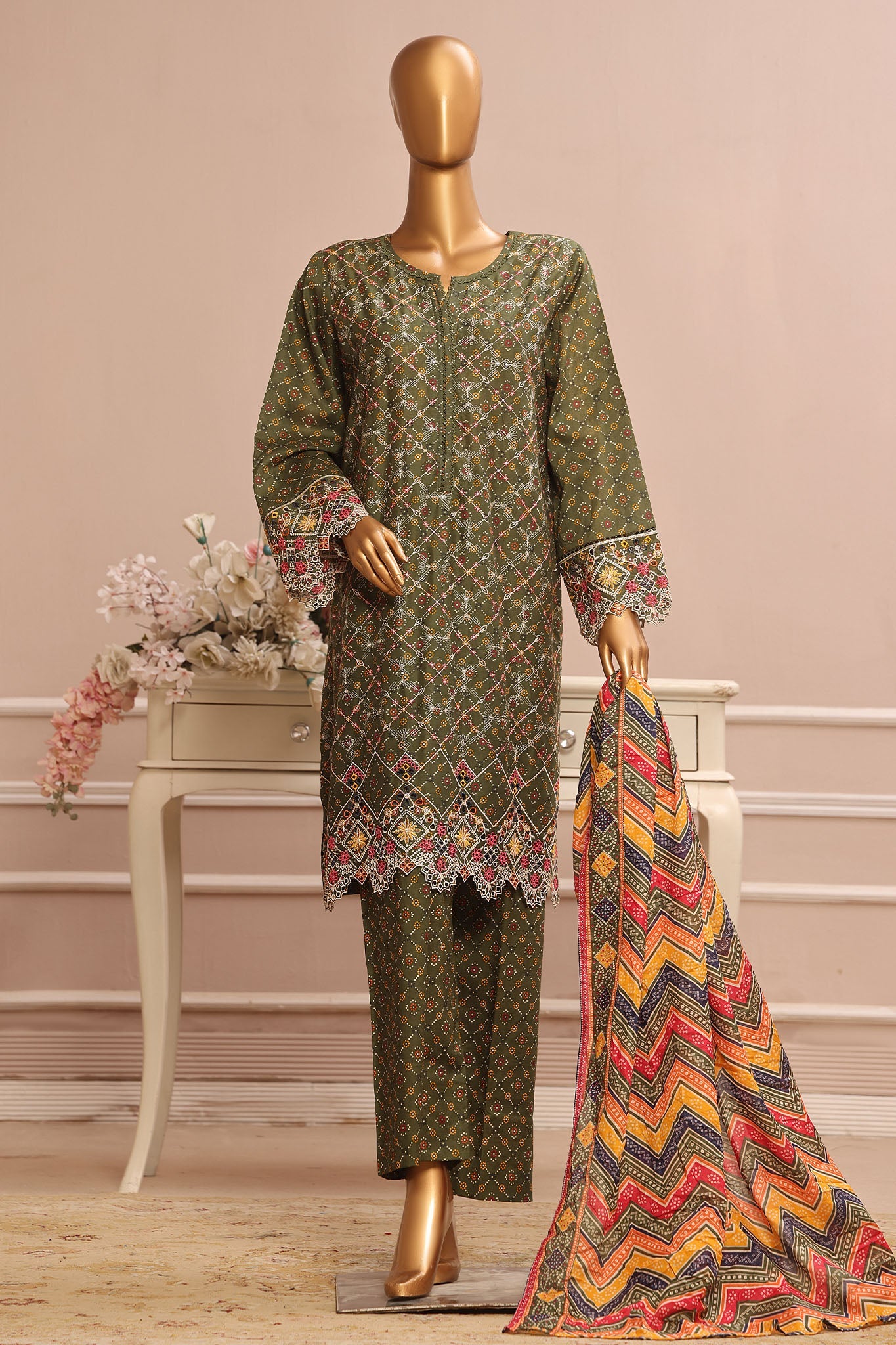 Bin Saeed Stitched 3 Piece Exclusive Emb Lawn Vol-02 Collection-SM-1578-Green