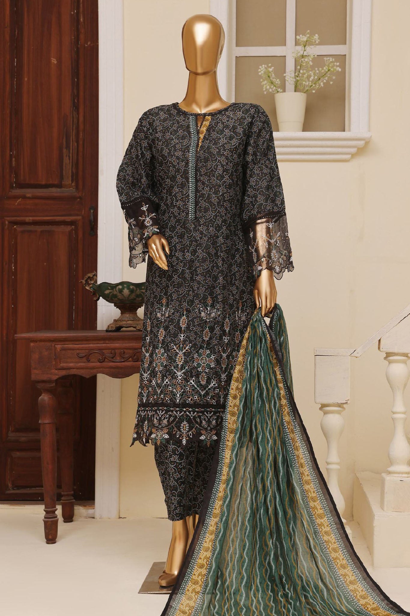 Bin Saeed Stitched 3 Piece Exclusive Emb Lawn Vol-02 Collection-SM-1581-Black