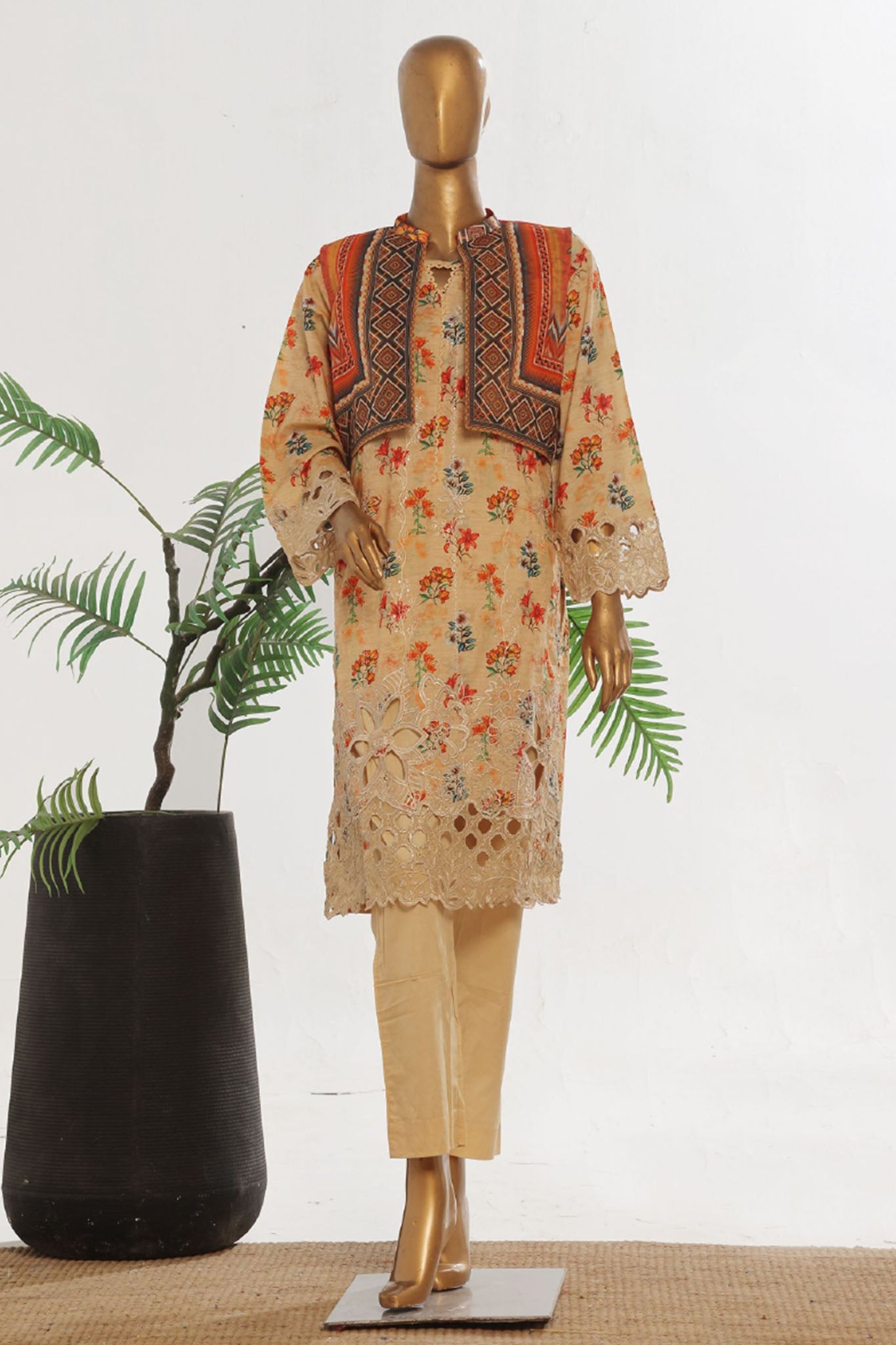 Bin Saeed Stitched 3 Piece Exclusive Emb Lawn With Coat Vol-02 Collection-SM-1738-Skin