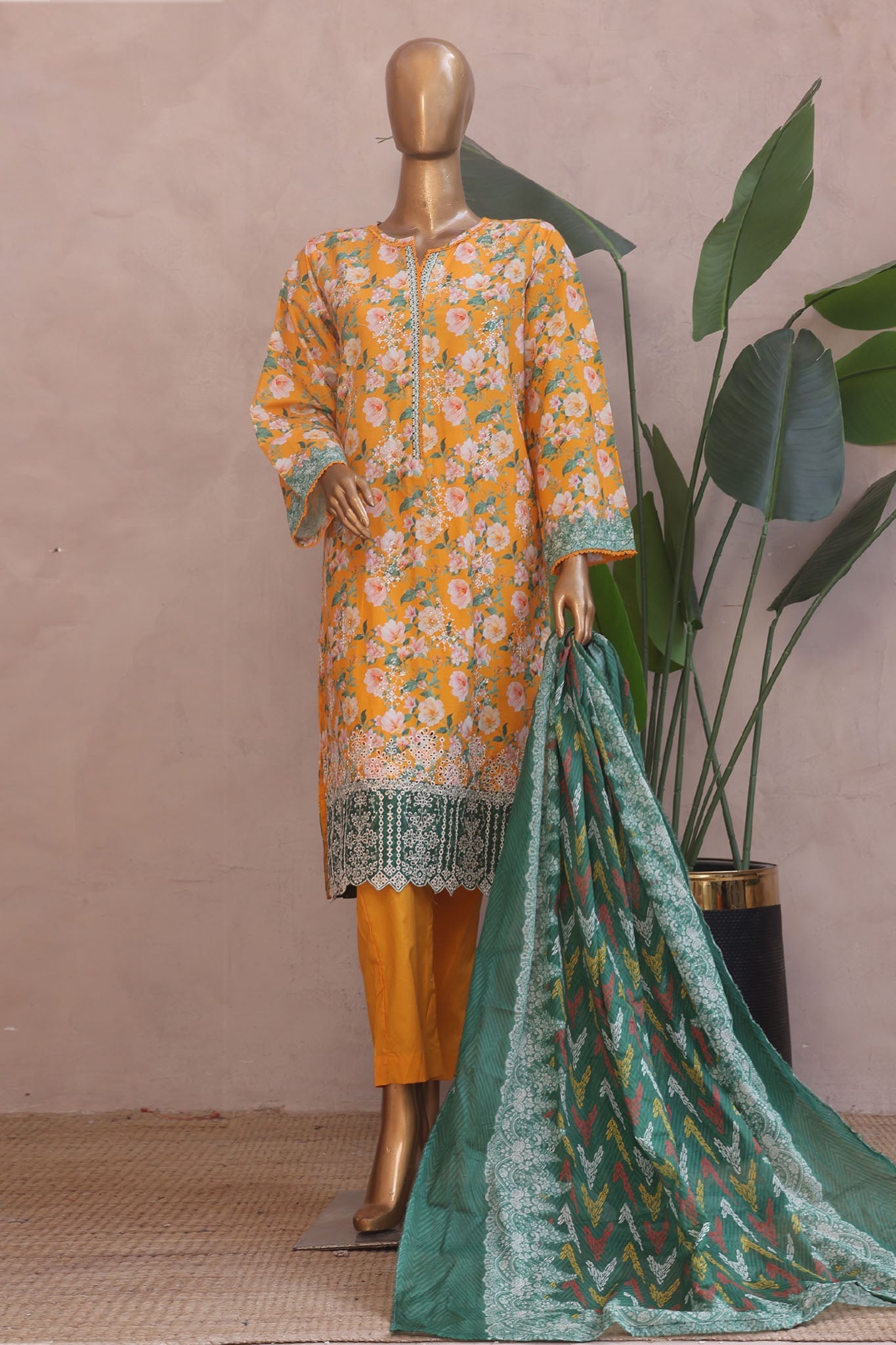 Ronaq E Eid By Bin Saeed Stitched 3 Piece Exc Emb Lawn Collection'2025-SM-1879-Yellow