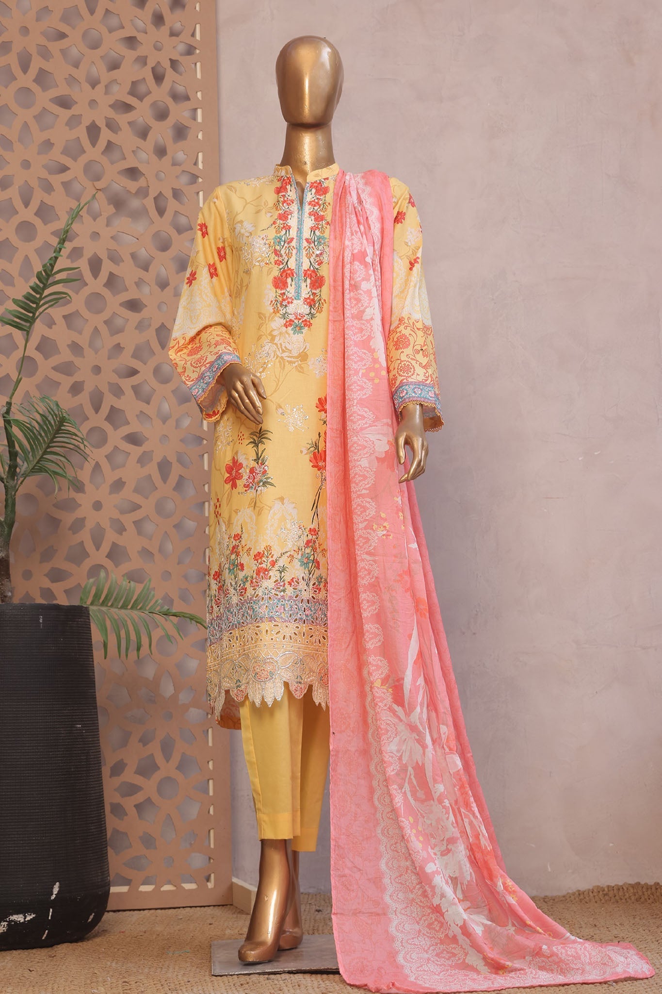 Ronaq E Eid By Bin Saeed Stitched 3 Piece Exc Emb Lawn Collection'2025-SM-1884-Yellow