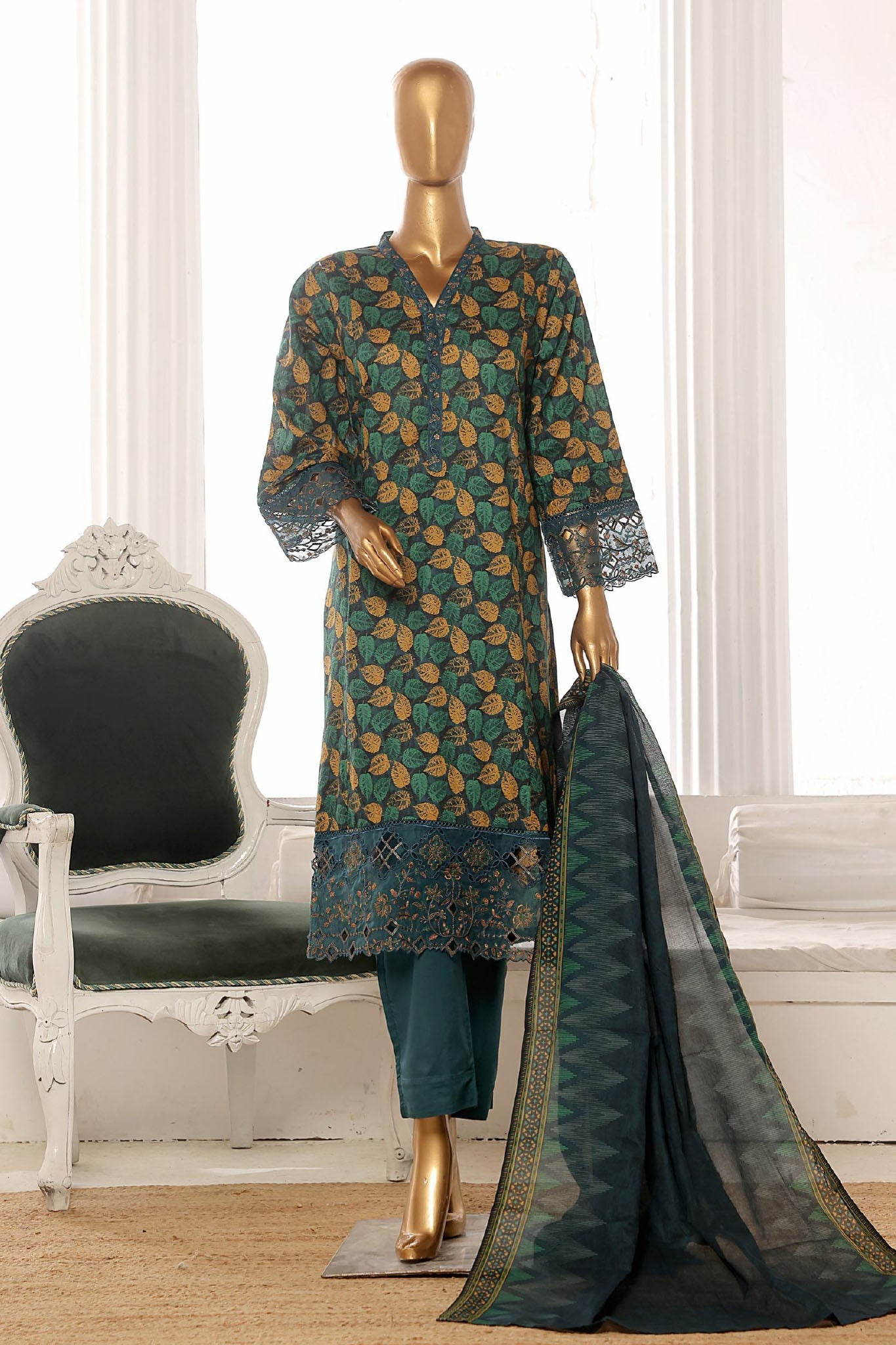 Bin Saeed Stitched 3 Piece Exclusive Lawn Frock Vol-01 Collection-SM-1457-Green